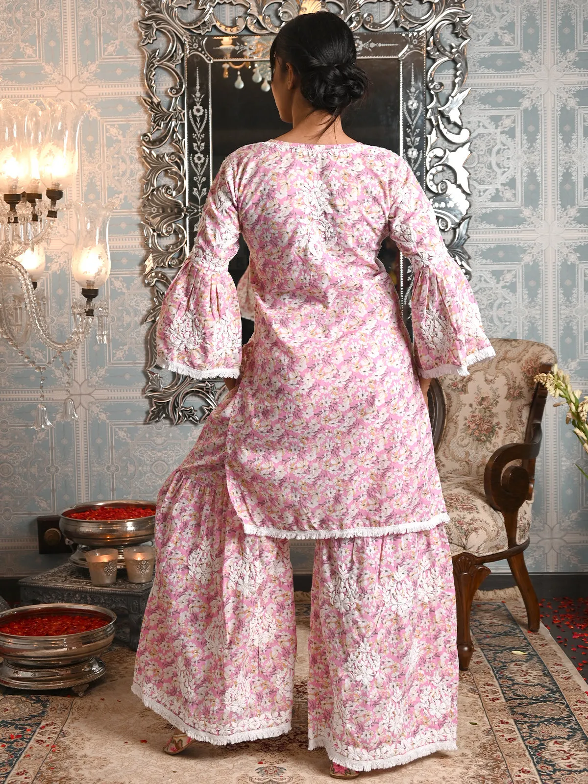 Odette Women Pink Cotton Printed Chikankari Embroidered Stitched Kurta With Sharara Pant