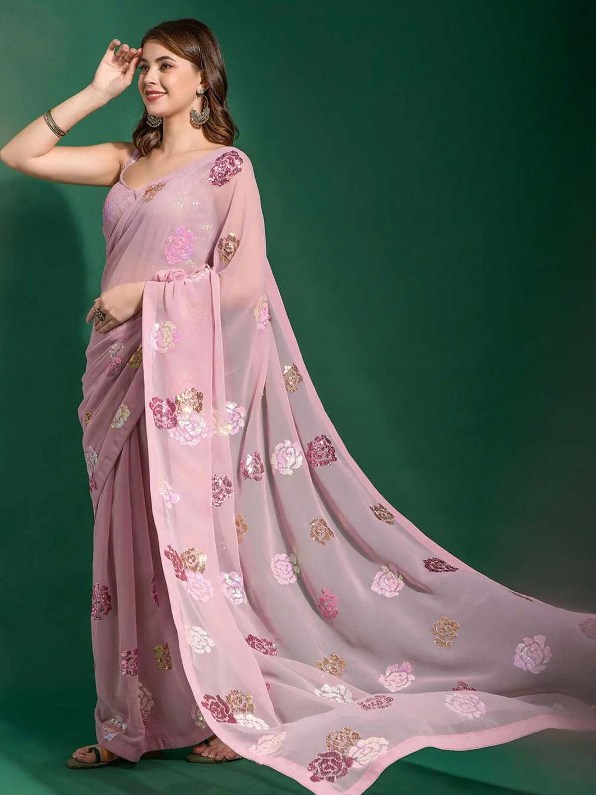 Odette Women Pink Georgette Saree With Blouse Piece