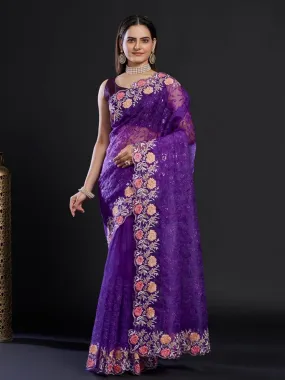 Odette Women Purple Organza Saree With Unstitched Blouse