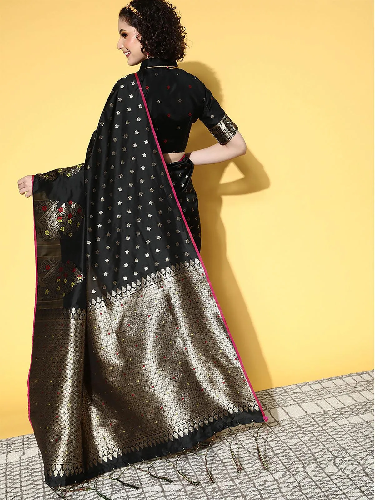 Odette Women Silk Blend Black Woven Design Saree With Blouse Piece