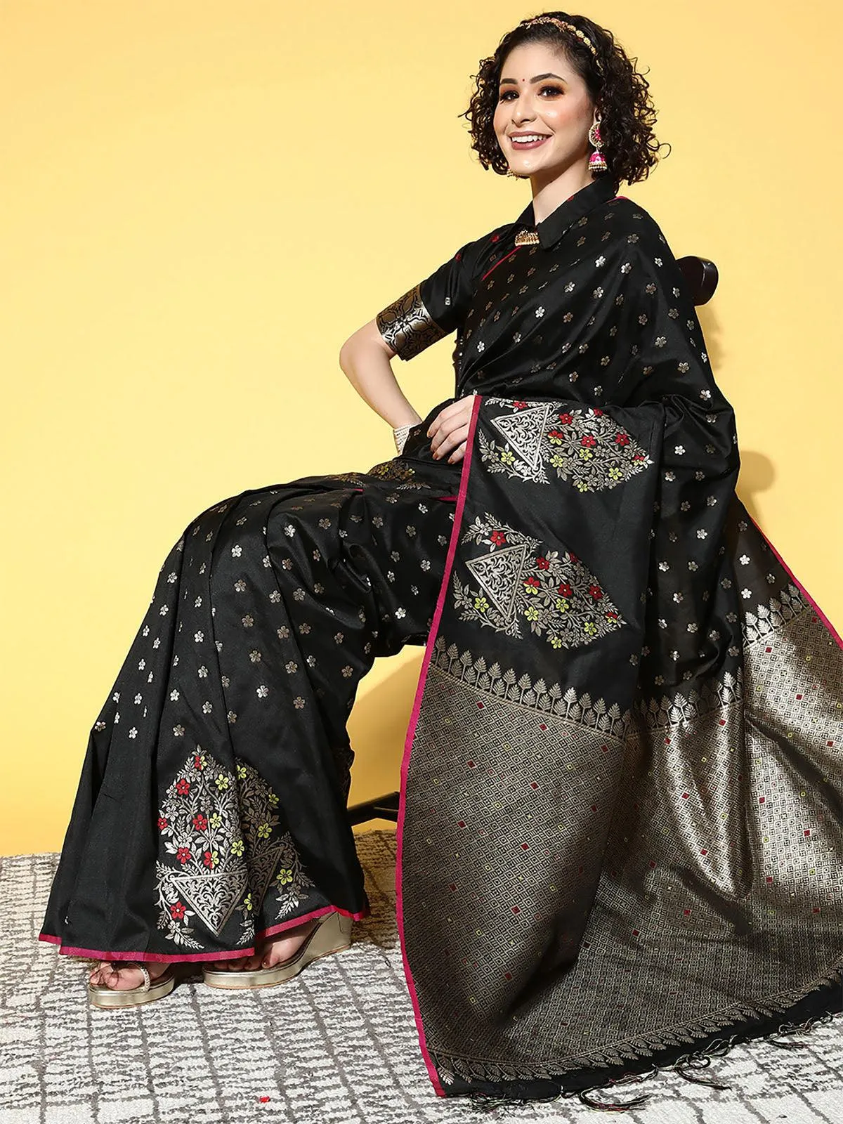 Odette Women Silk Blend Black Woven Design Saree With Blouse Piece