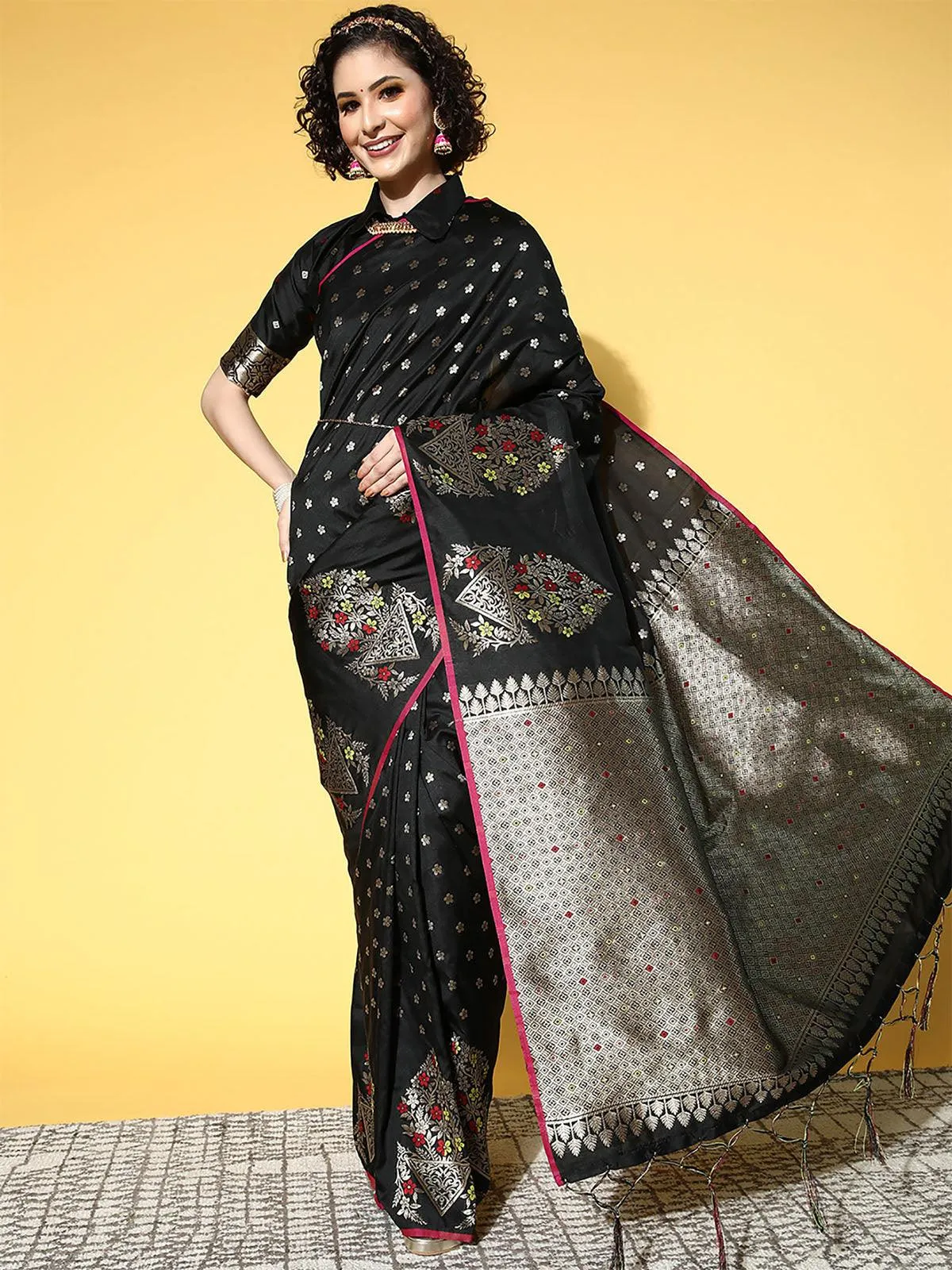 Odette Women Silk Blend Black Woven Design Saree With Blouse Piece