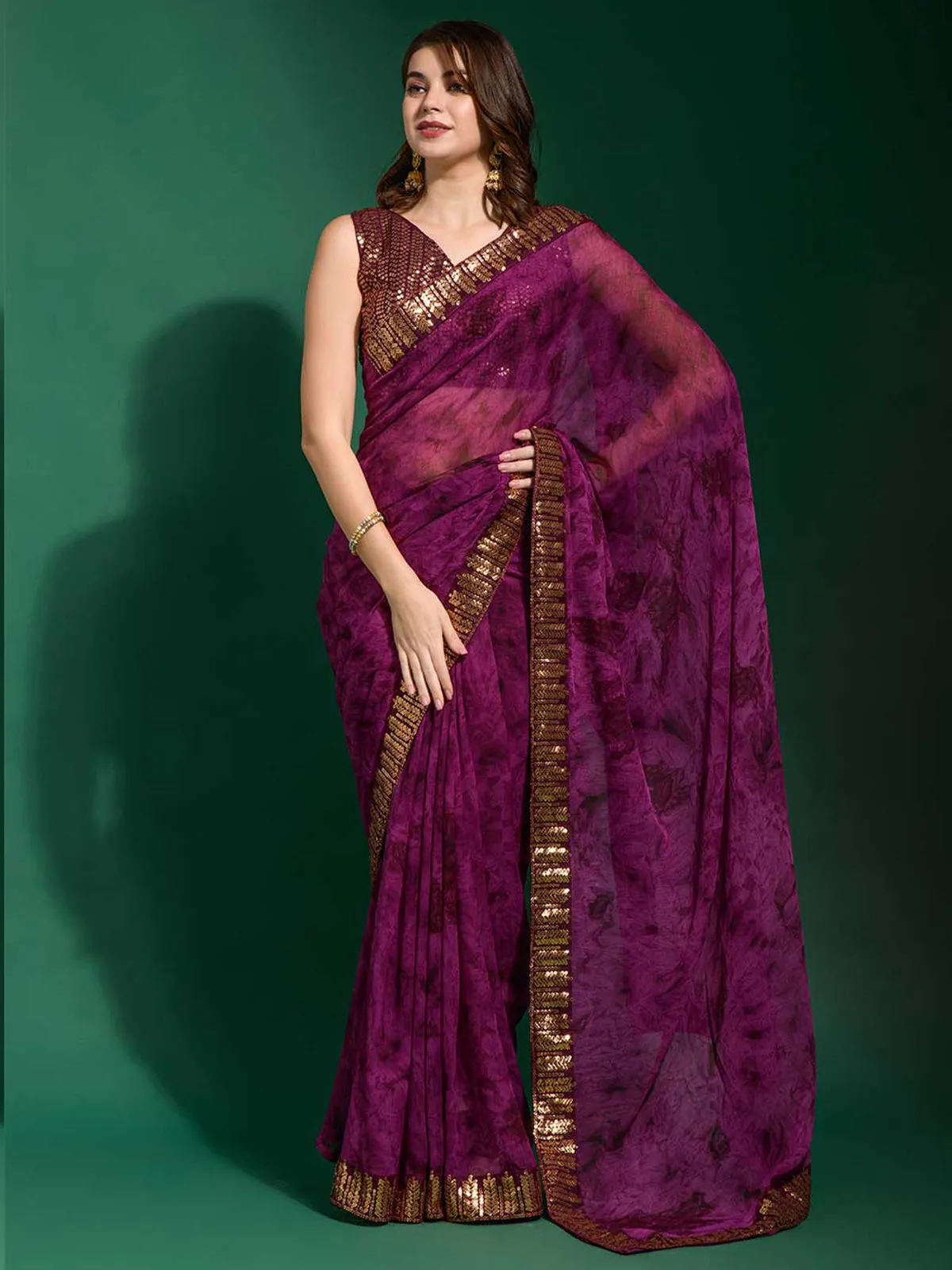 Odette Women Violet Georgette Saree With Blouse Piece