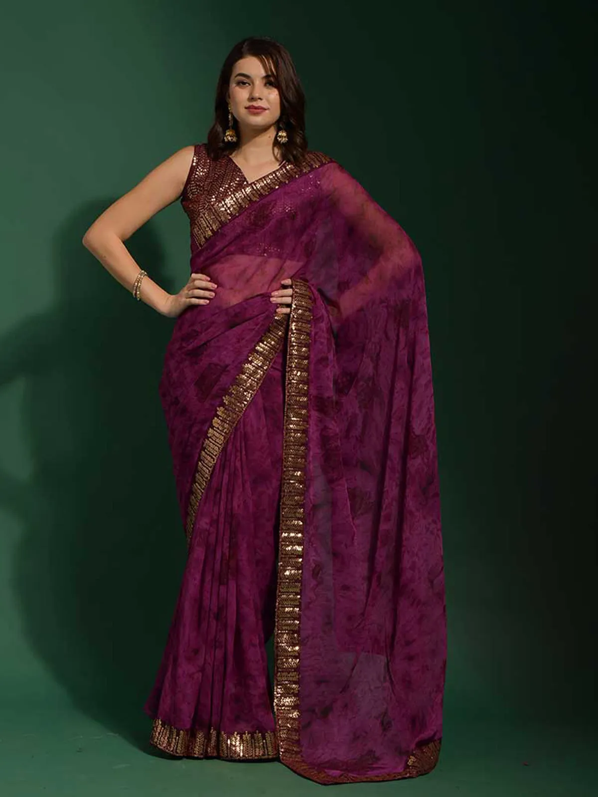 Odette Women Violet Georgette Saree With Blouse Piece