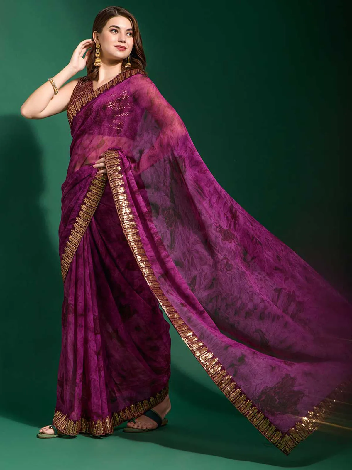 Odette Women Violet Georgette Saree With Blouse Piece