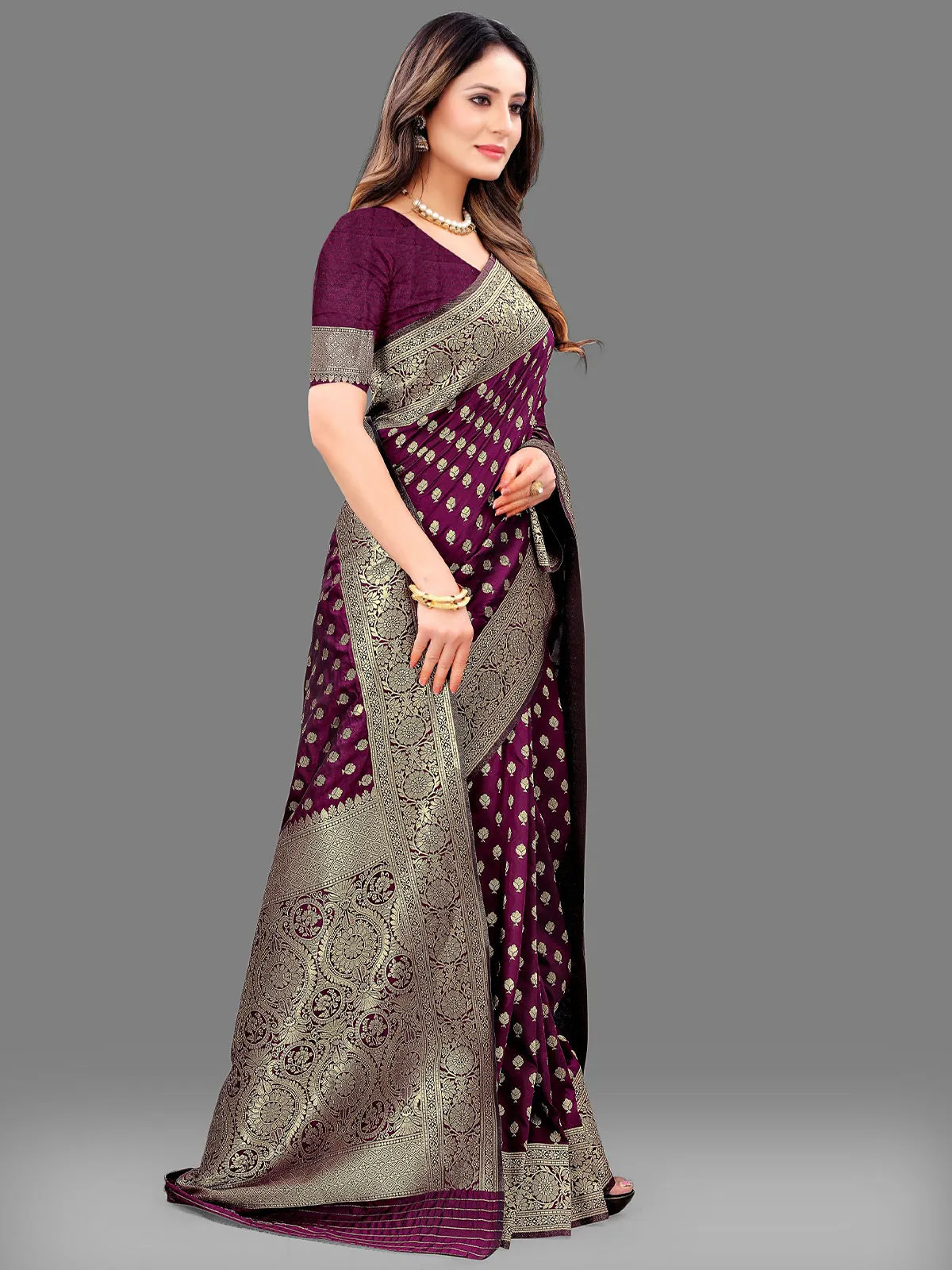 Odette Women Violet Silk Blend Woven Saree With Unstitched Blouse