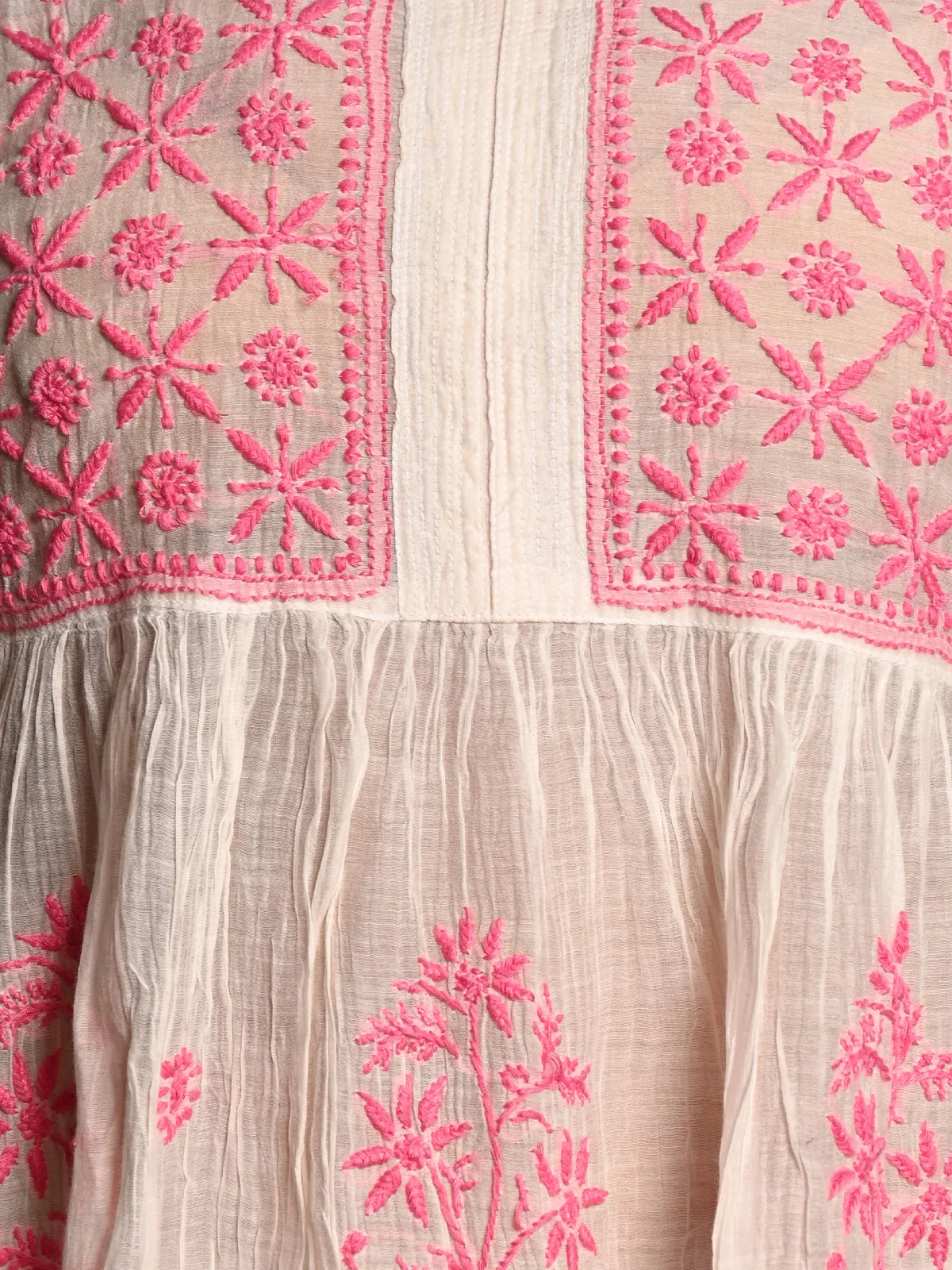 Odette Women White Cotton Mulmul Pink Chikankari Embroidery Unstitched Kurta Set