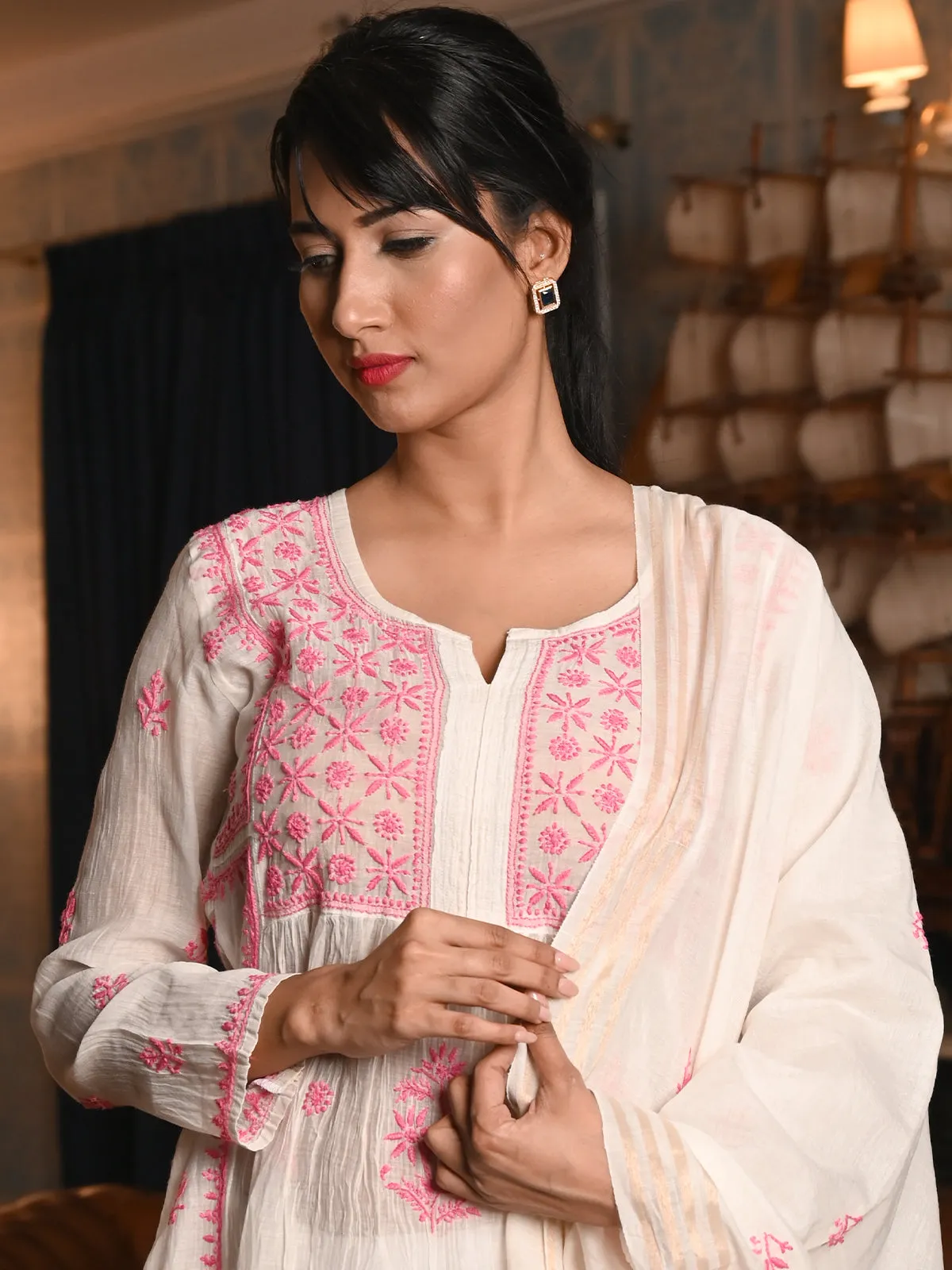 Odette Women White Cotton Mulmul Pink Chikankari Embroidery Unstitched Kurta Set