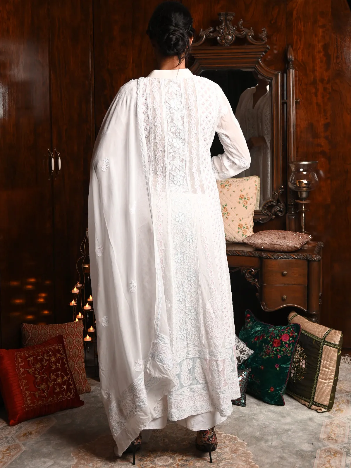 Odette Women White Georgette Chikankari Beads Embroidered Unstitched Kurta Set