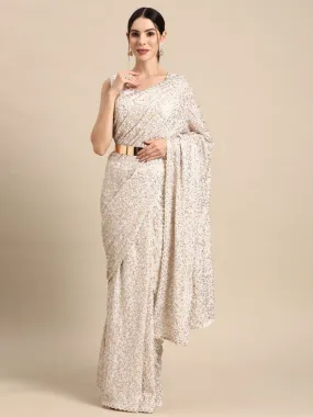 Odette Women White Georgette Designer Sequins Saree With Unstitched Blouse