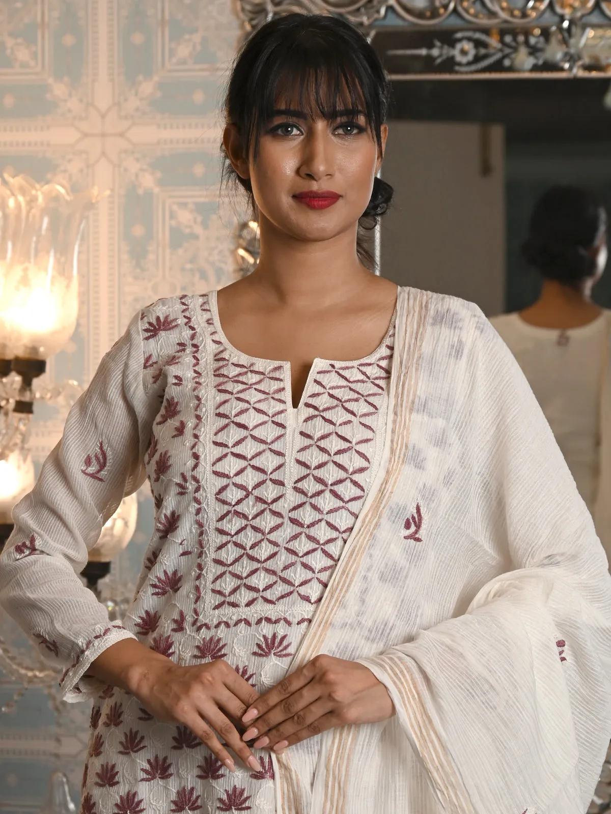 Odette Women White Striped Voile Chikankari Embroidered Unstitched Kurta Set