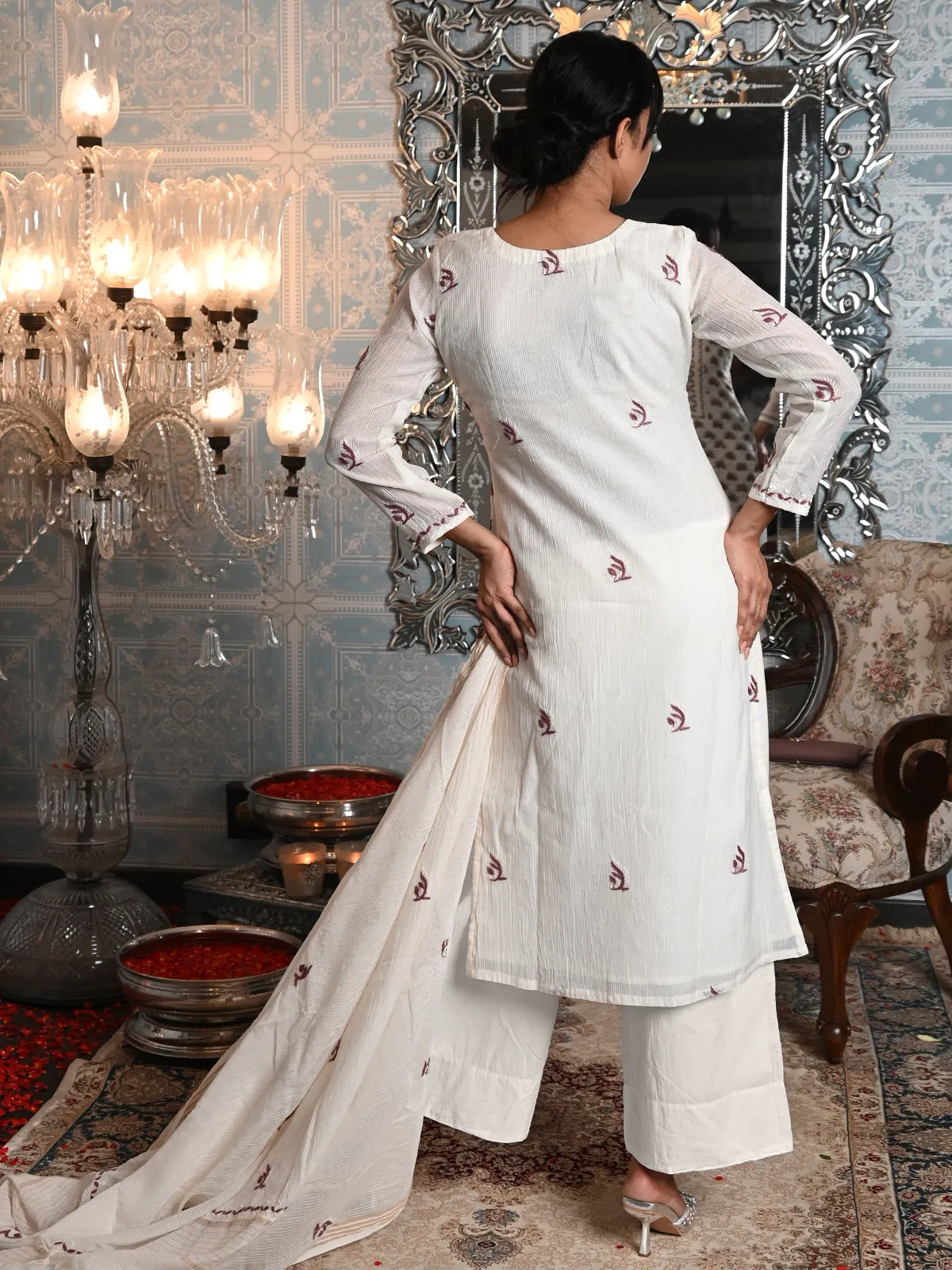 Odette Women White Striped Voile Chikankari Embroidered Unstitched Kurta Set