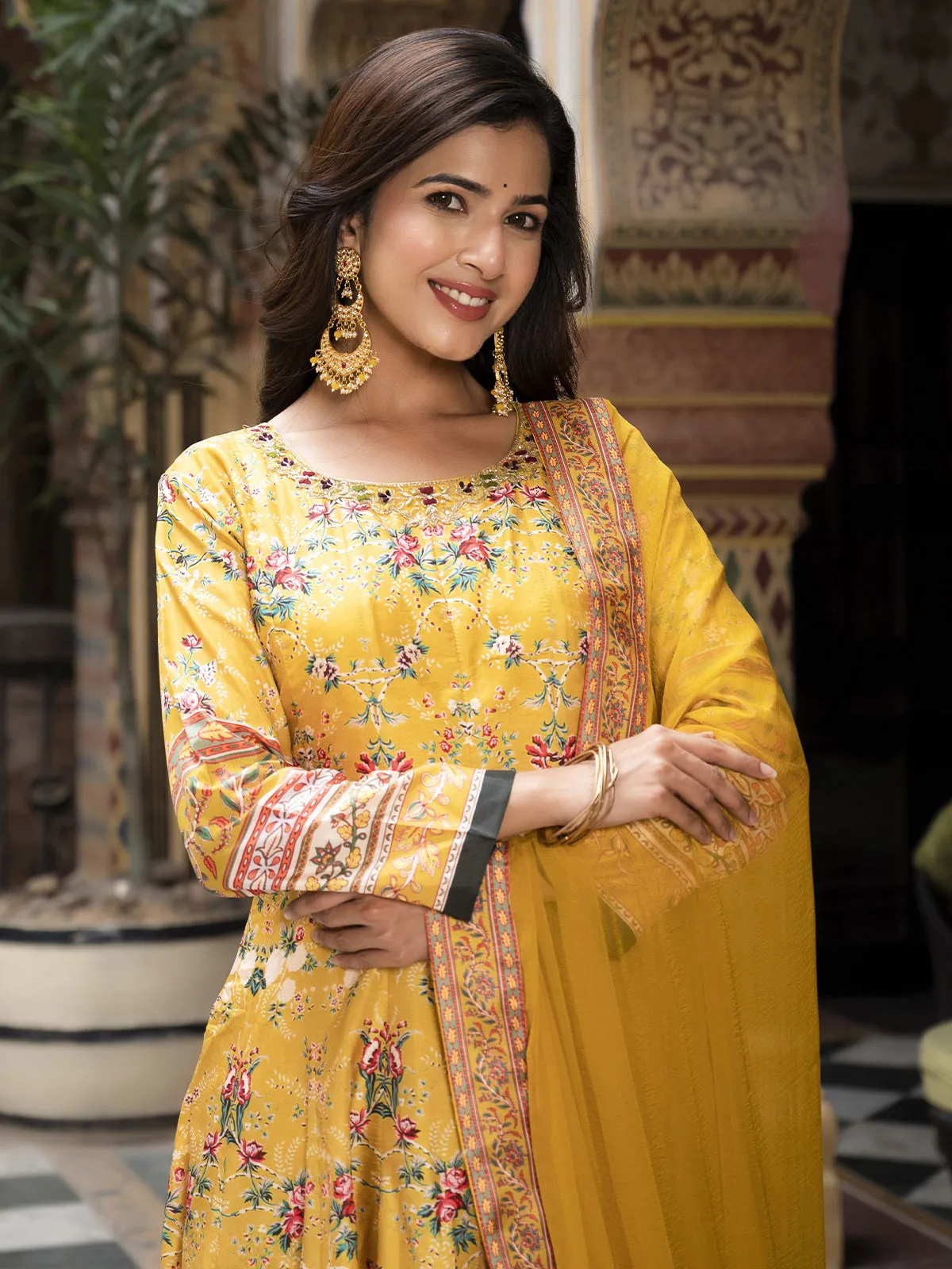 Odette Yellow Silk Stitched Gown with Dupatta For Women