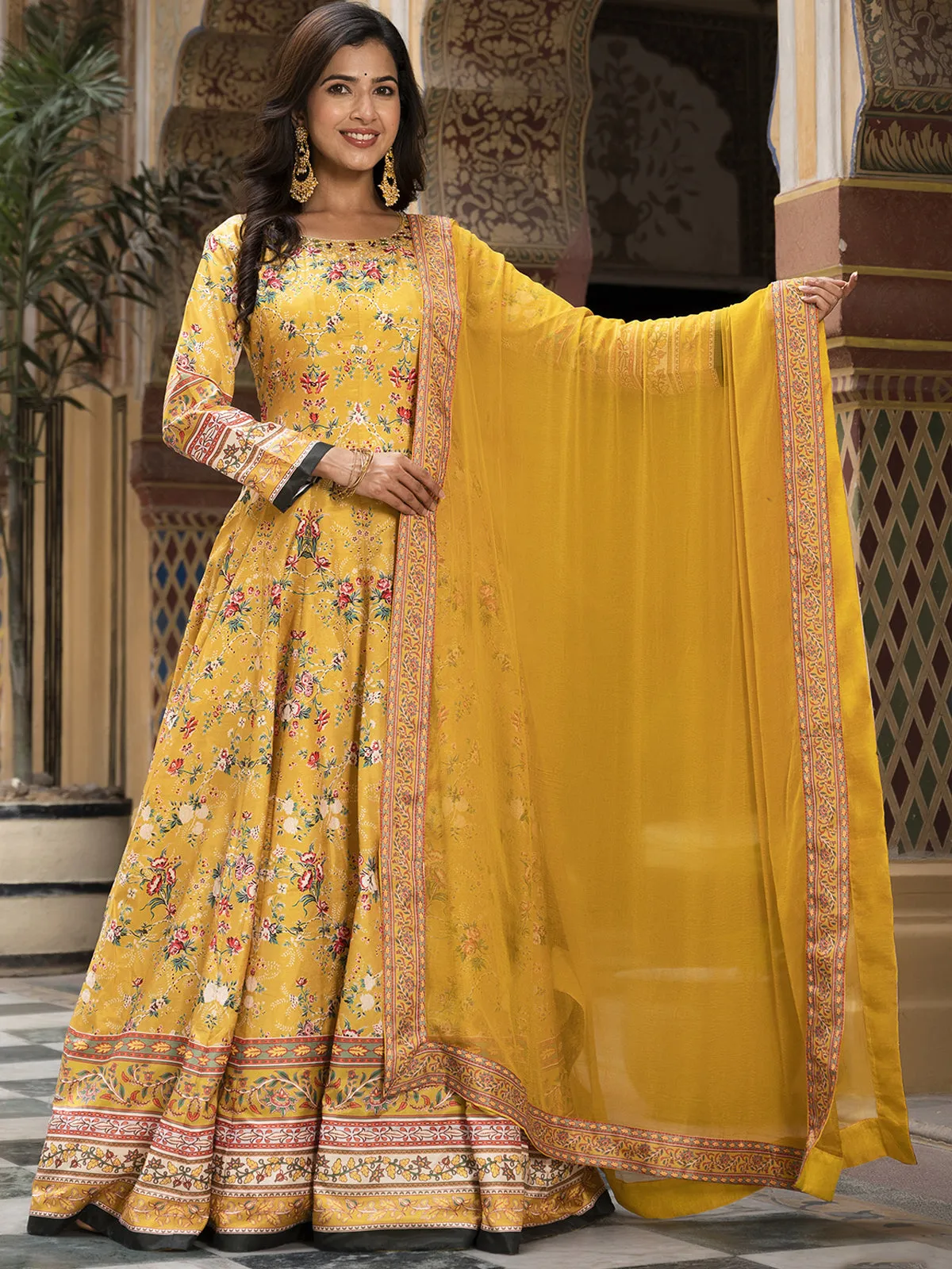 Odette Yellow Silk Stitched Gown with Dupatta For Women