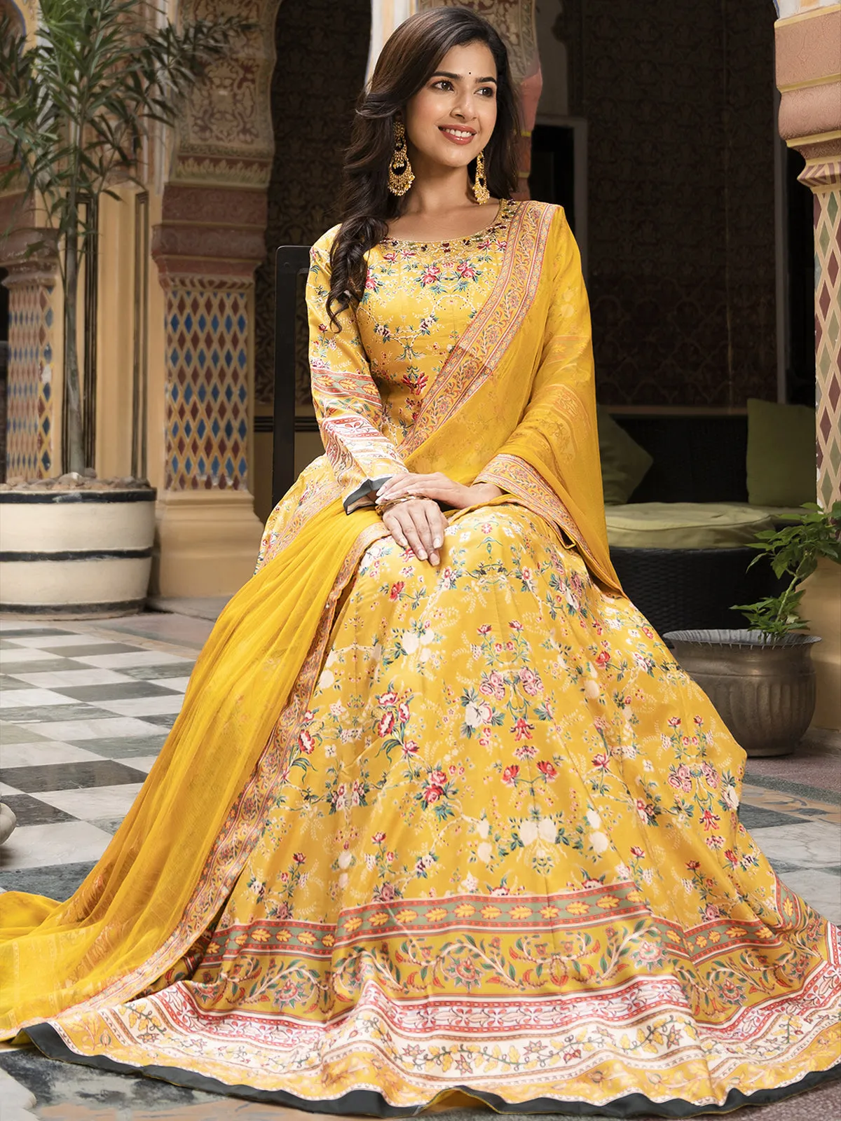 Odette Yellow Silk Stitched Gown with Dupatta For Women