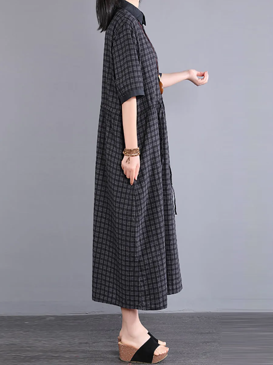 Plus Size Women Artsy Plaid Cotton Linen Dress KL1021