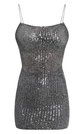 PrettyLittleThing Black Sheer Sequin Strappy Bodycon Dress UK 8