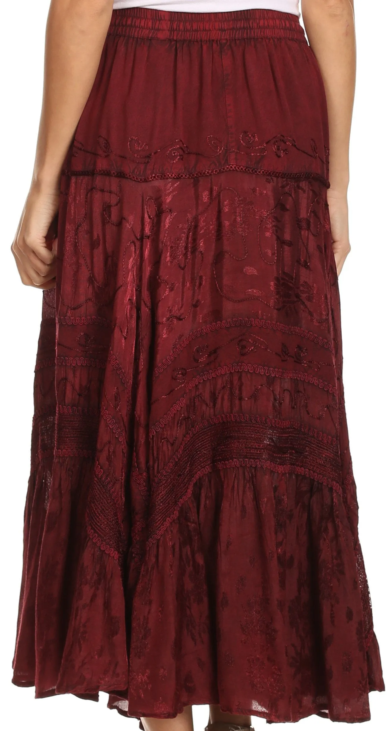 Sakkas Alber Adjustable Waist Boho Skirt With Detailed Embroidery With Ruffle Trim