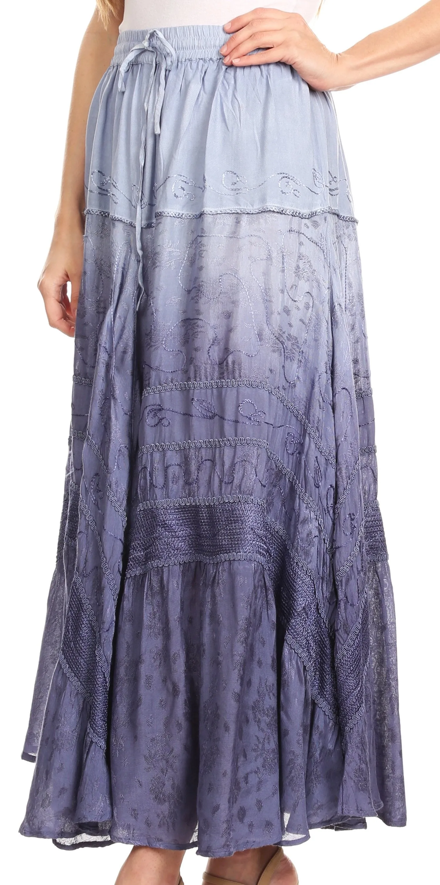 Sakkas Alber Adjustable Waist Boho Skirt With Detailed Embroidery With Ruffle Trim