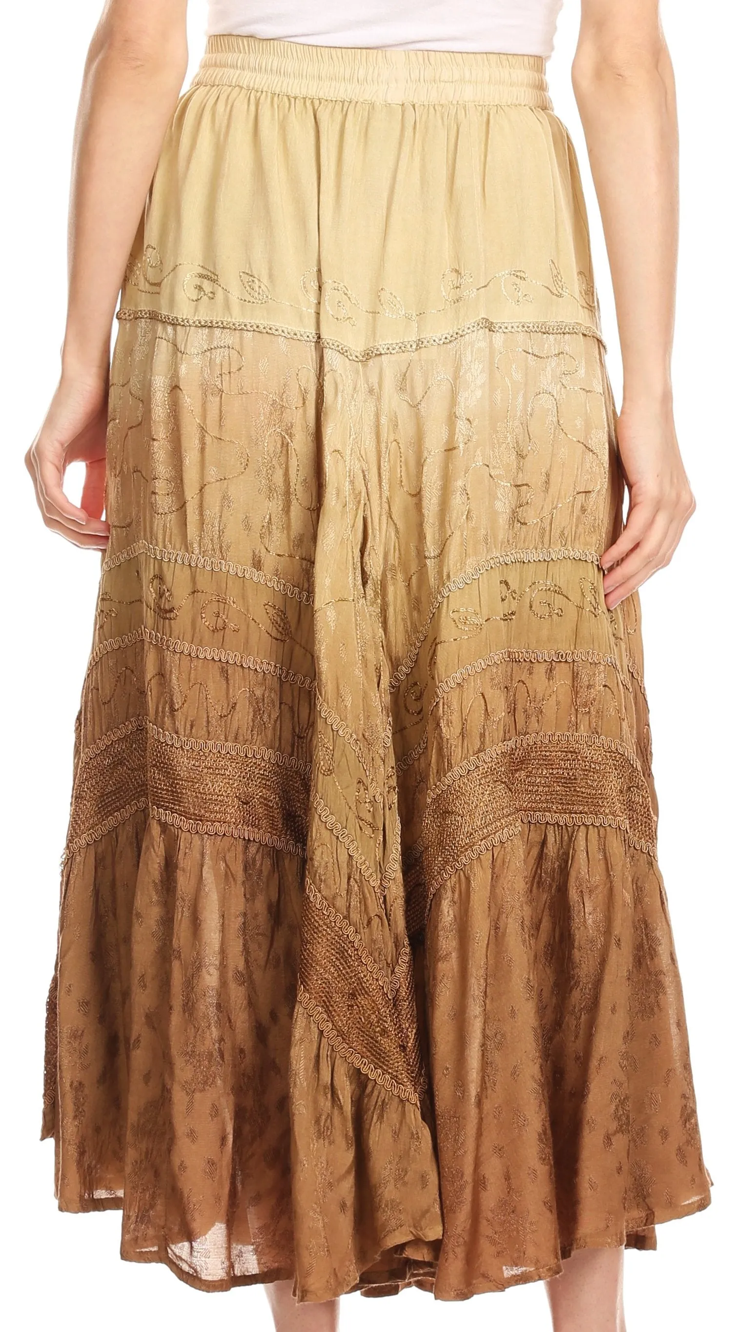 Sakkas Alber Adjustable Waist Boho Skirt With Detailed Embroidery With Ruffle Trim