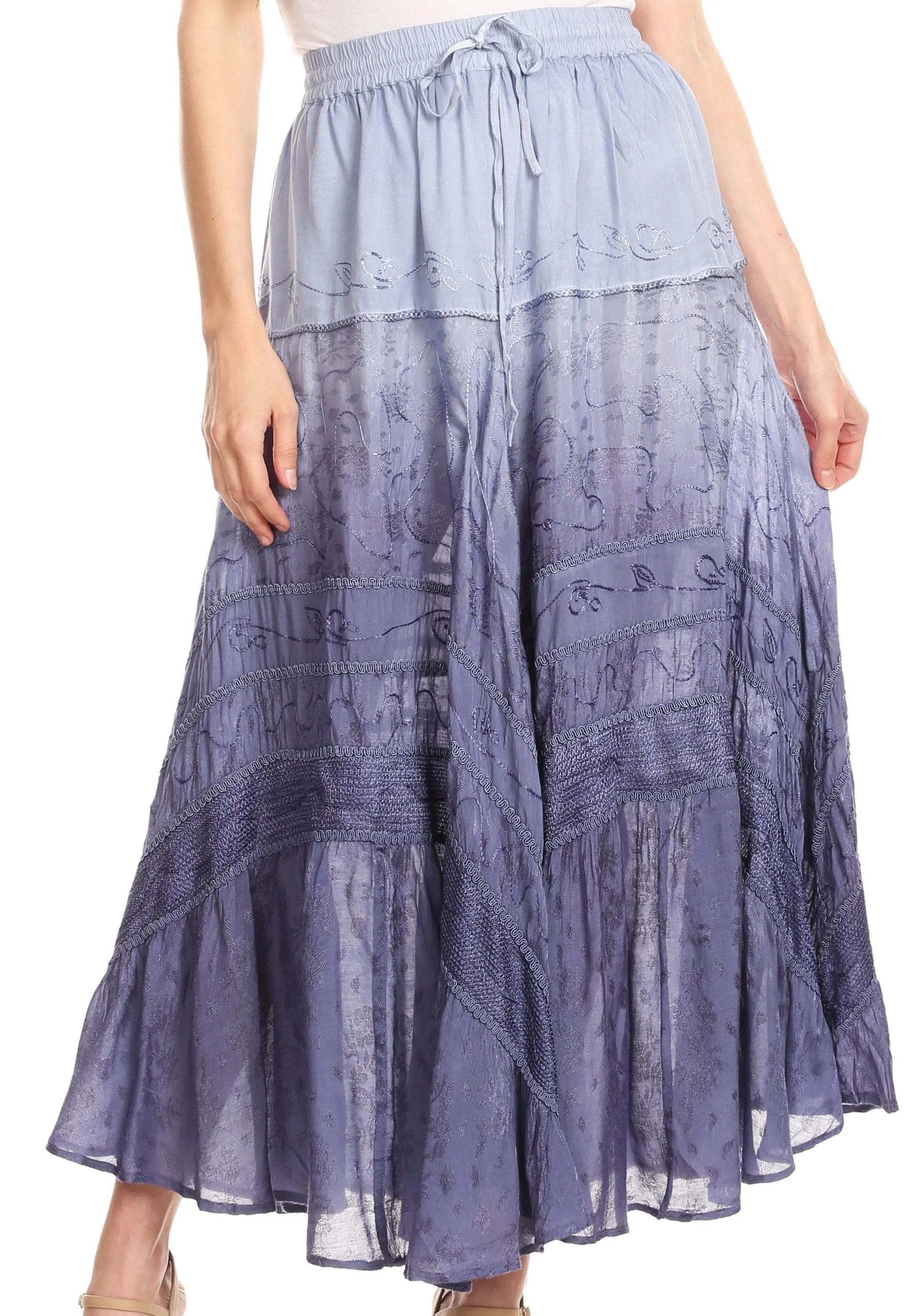 Sakkas Alber Adjustable Waist Boho Skirt With Detailed Embroidery With Ruffle Trim