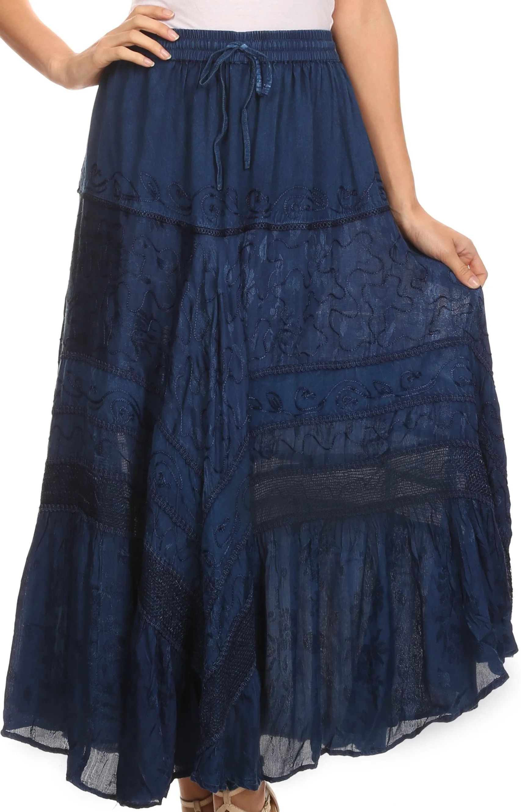 Sakkas Alber Adjustable Waist Boho Skirt With Detailed Embroidery With Ruffle Trim