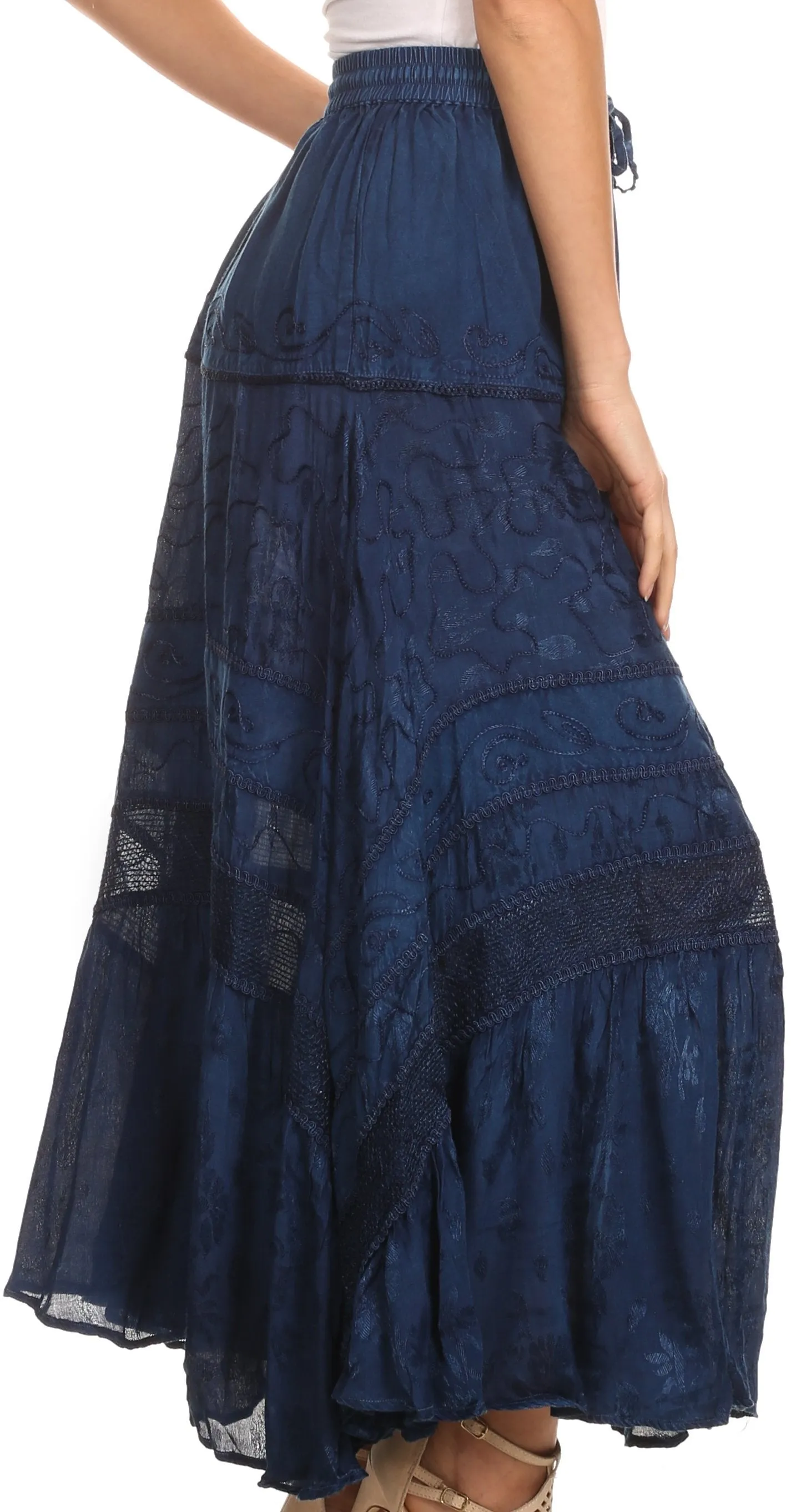 Sakkas Alber Adjustable Waist Boho Skirt With Detailed Embroidery With Ruffle Trim