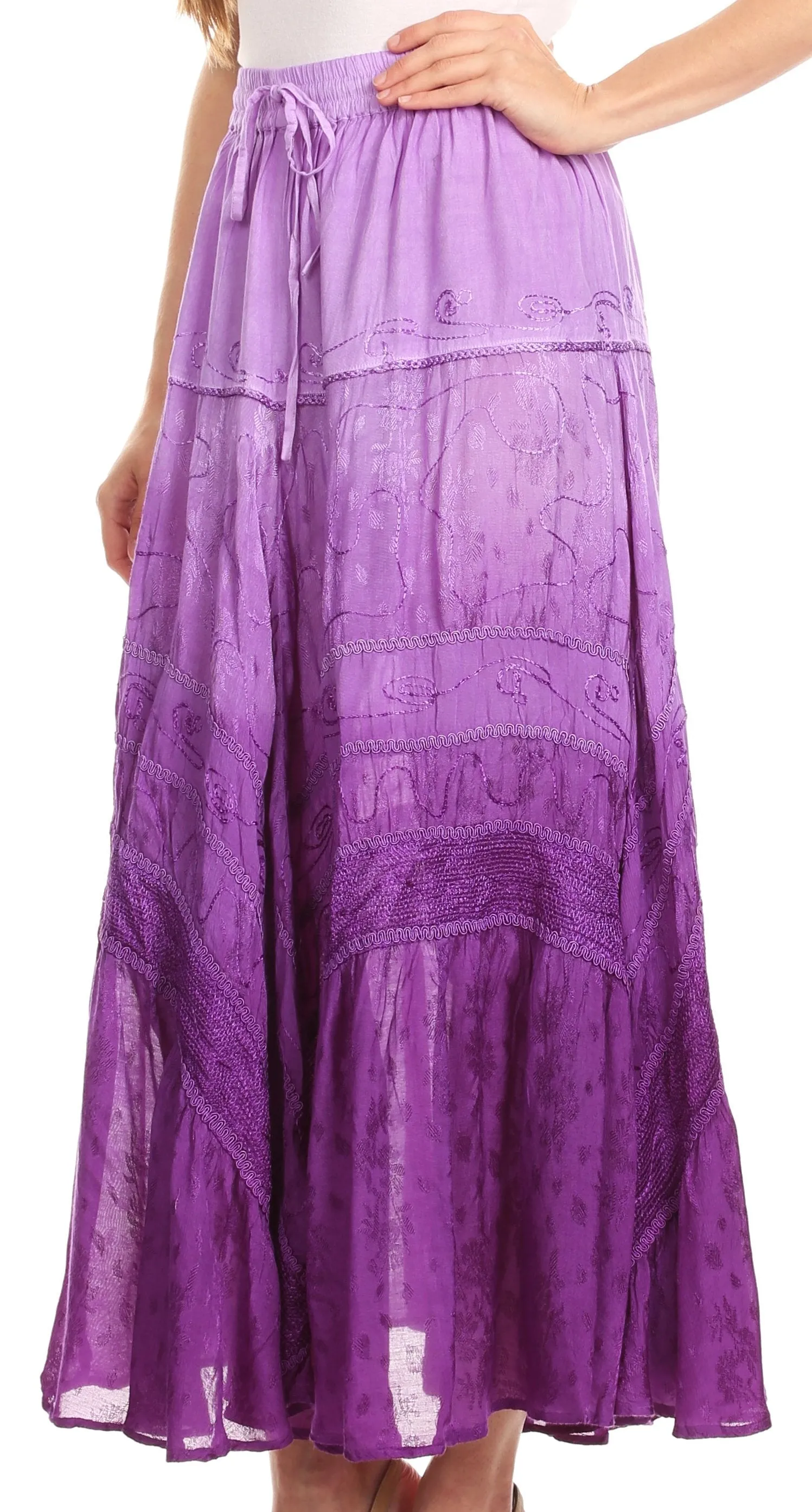 Sakkas Alber Adjustable Waist Boho Skirt With Detailed Embroidery With Ruffle Trim