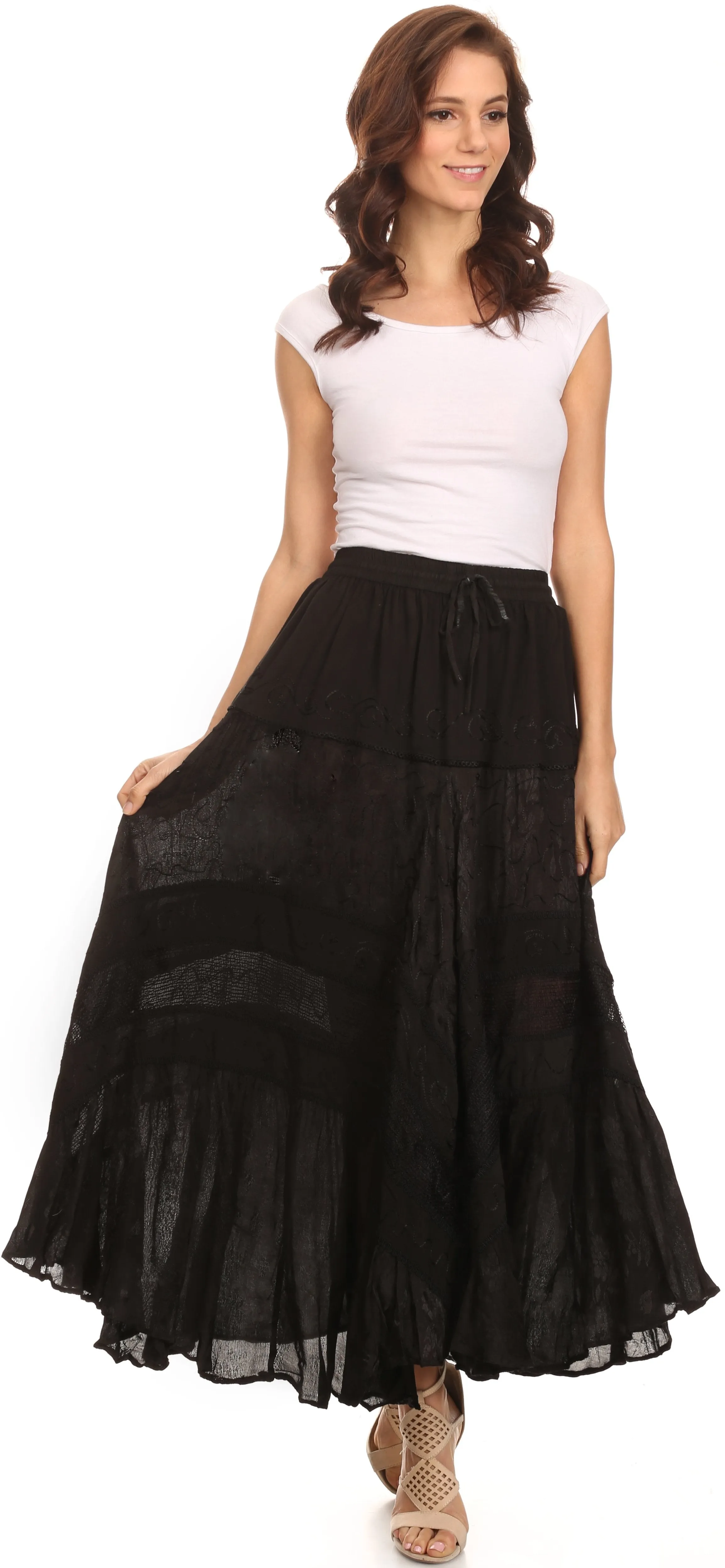 Sakkas Alber Adjustable Waist Boho Skirt With Detailed Embroidery With Ruffle Trim