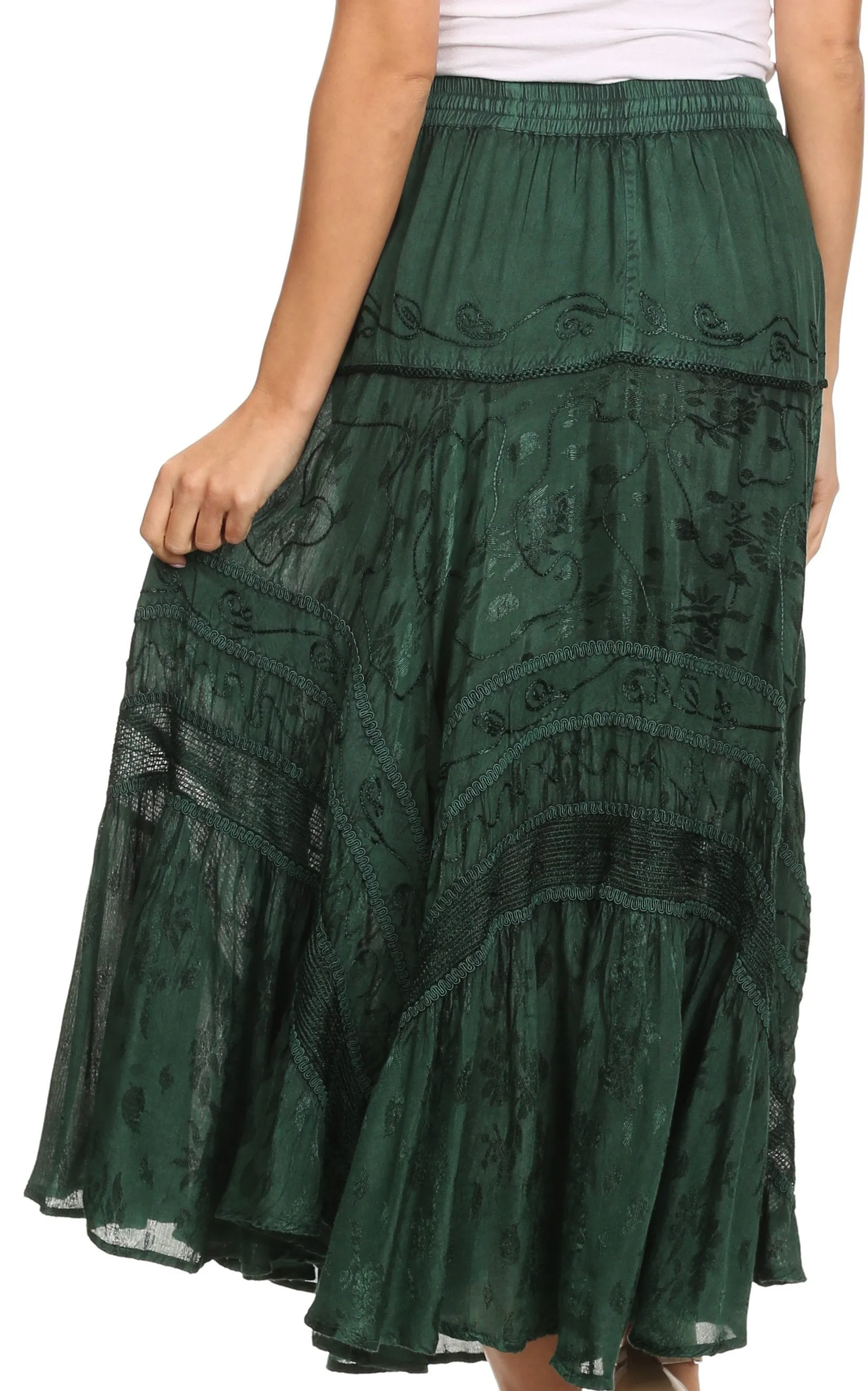 Sakkas Alber Adjustable Waist Boho Skirt With Detailed Embroidery With Ruffle Trim