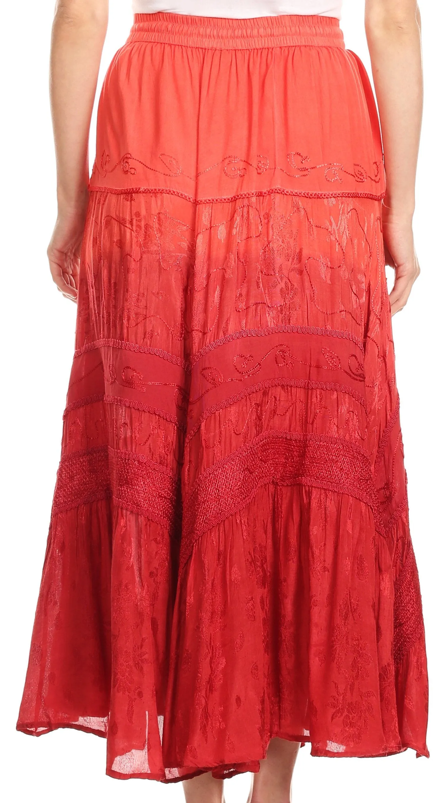 Sakkas Alber Adjustable Waist Boho Skirt With Detailed Embroidery With Ruffle Trim