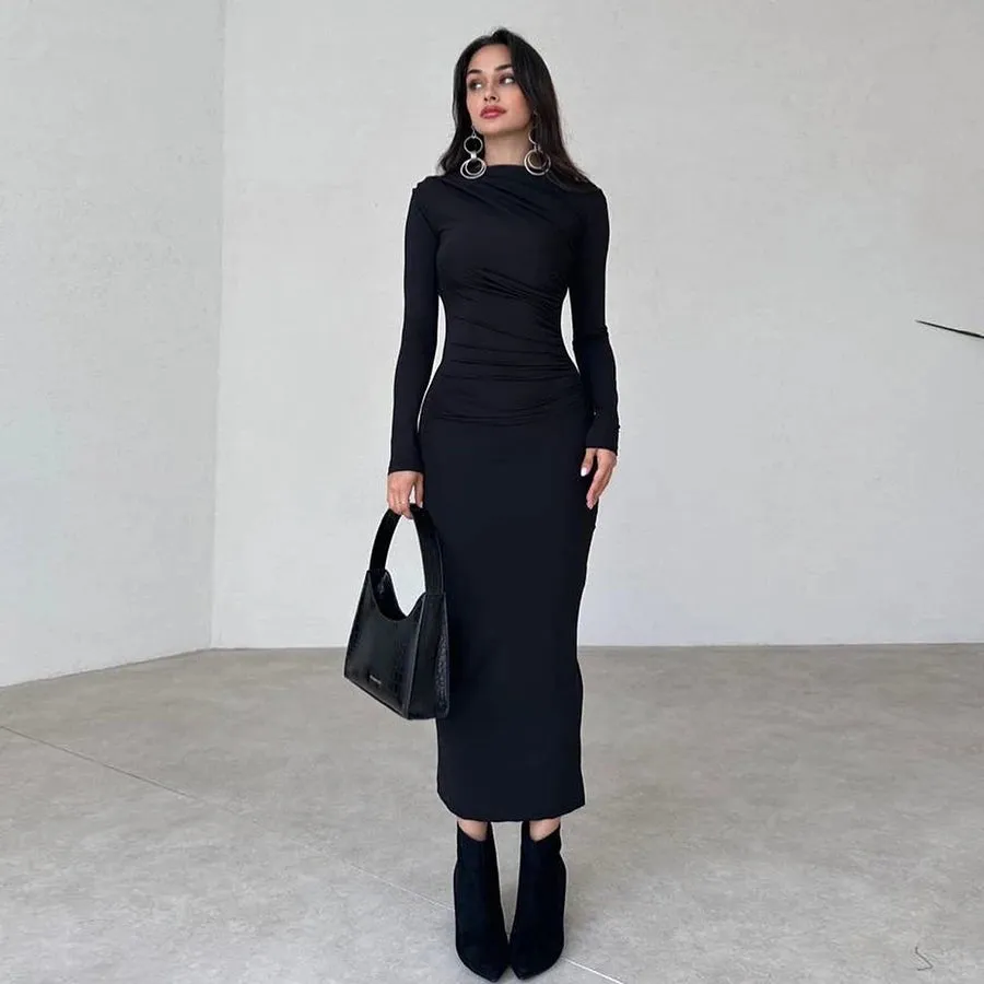 Simple Long Sleeve Dress Autumn dress long sleeve sexy Vintage Maxi Long Sleeve Dress