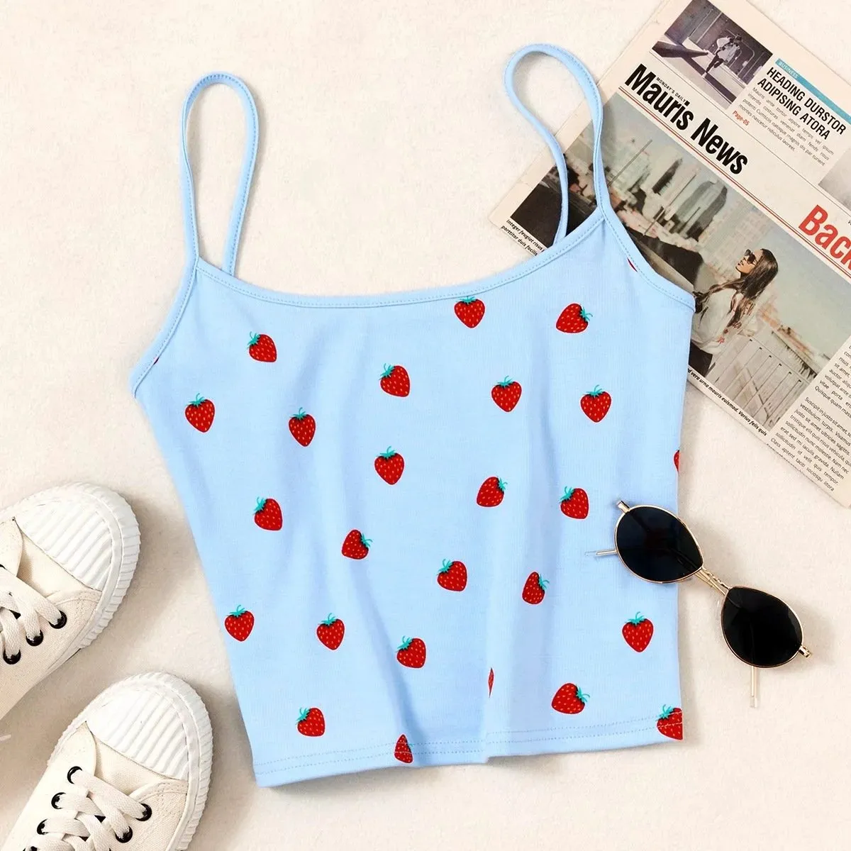 Strawberry Printed Sleeveless Camis Tops