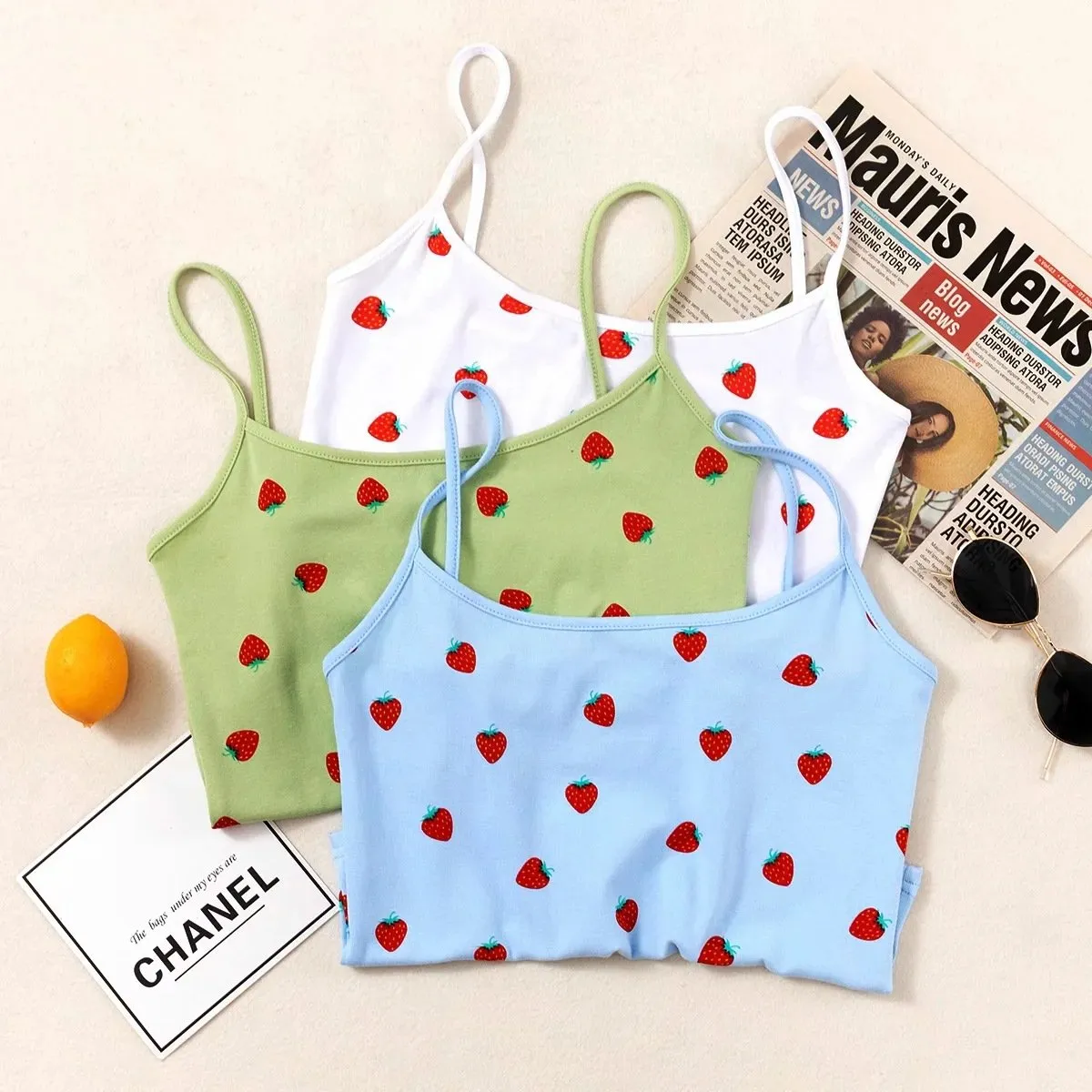 Strawberry Printed Sleeveless Camis Tops