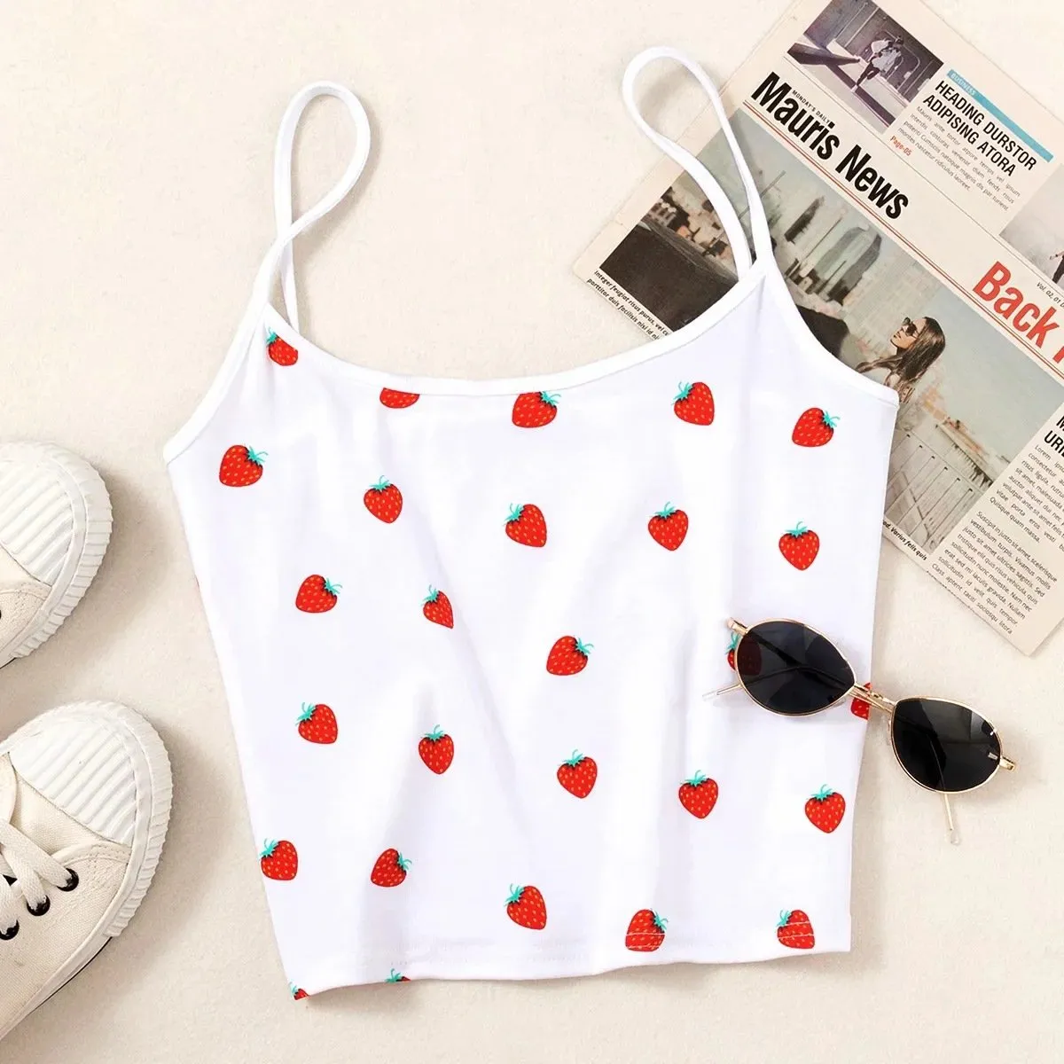 Strawberry Printed Sleeveless Camis Tops