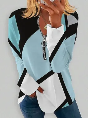 Versatile Women's Plus Size Zip Up Sweatshirt with Color Block Print