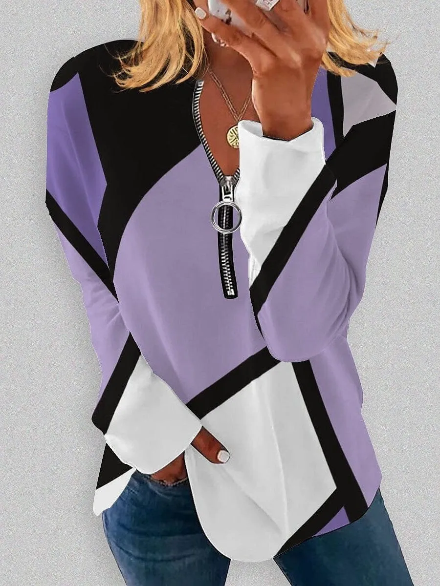 Versatile Women's Plus Size Zip Up Sweatshirt with Color Block Print