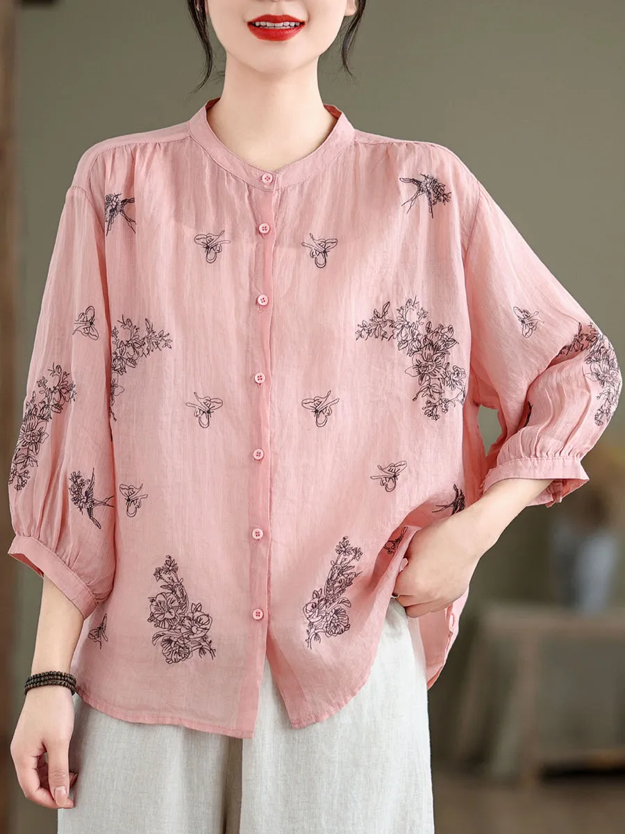 Women Artsy Flower Summer Ramie Blouse KL1018