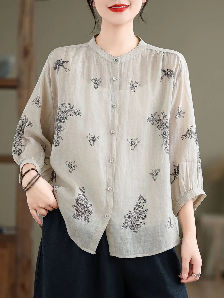 Women Artsy Flower Summer Ramie Blouse KL1018