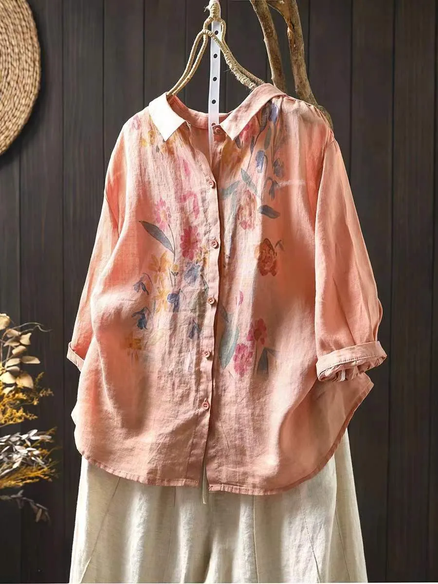 Women Artsy Summer Flower Print Ramie Blouse PA1033