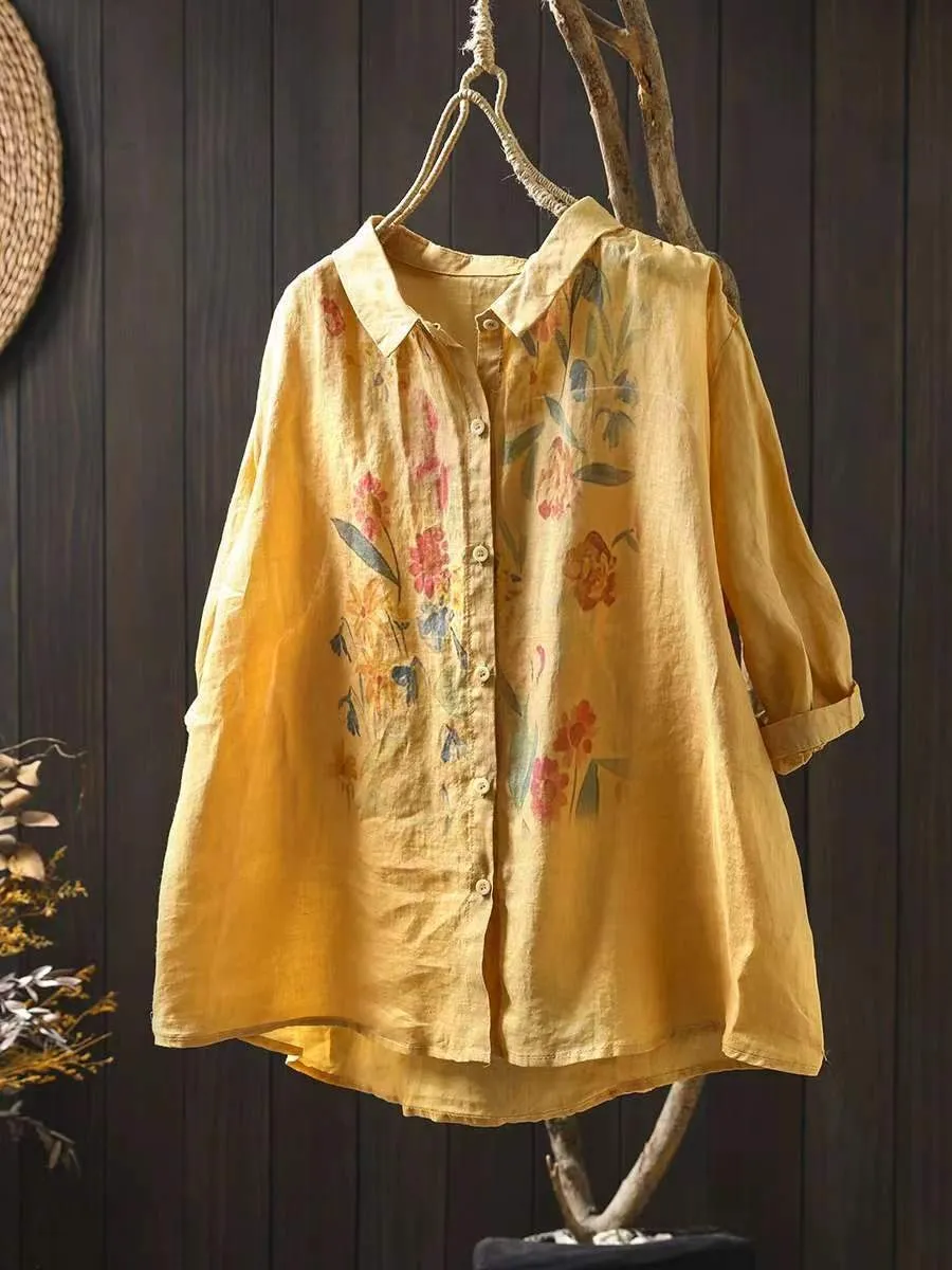 Women Artsy Summer Flower Print Ramie Blouse PA1033