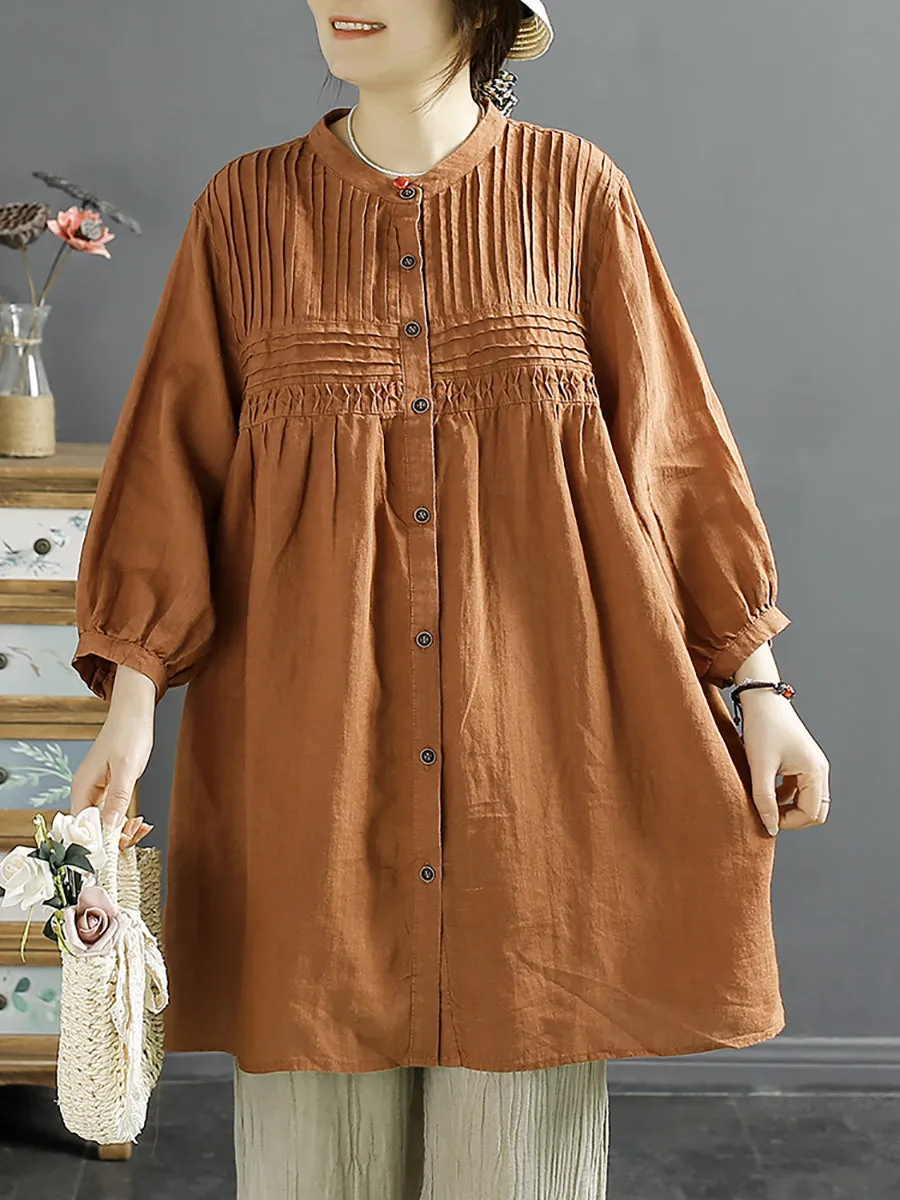 Women Artsy Summer Shirred Solid Linen Shirt SC1058