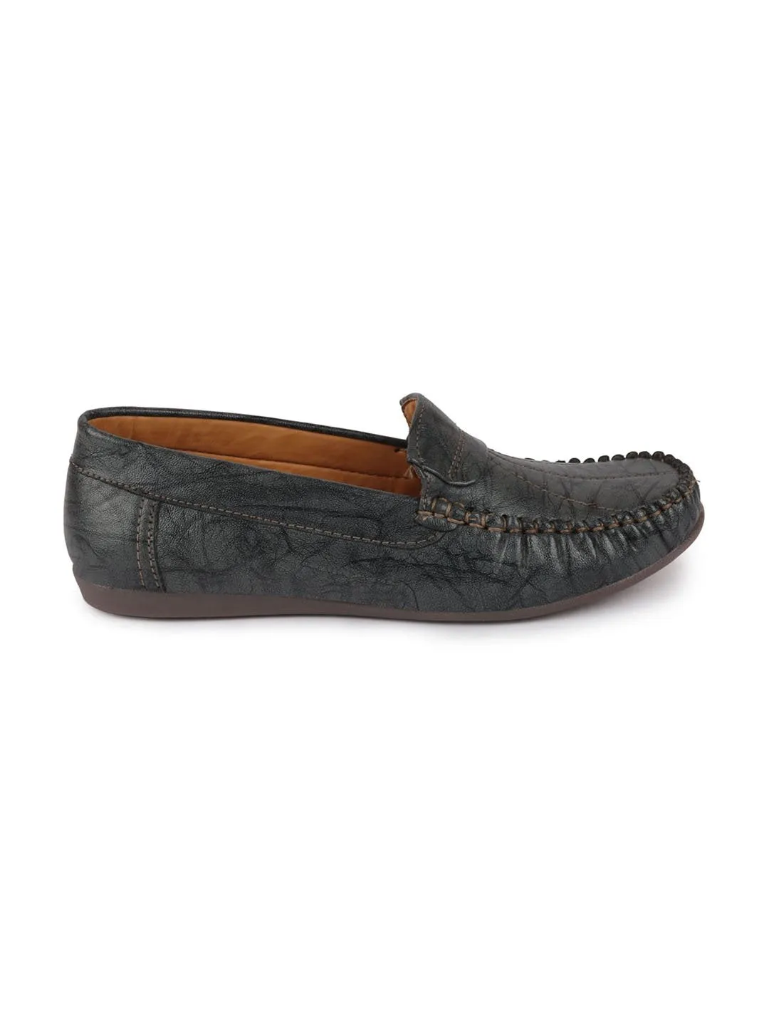 Women Grey Stitched Slip On Loafers