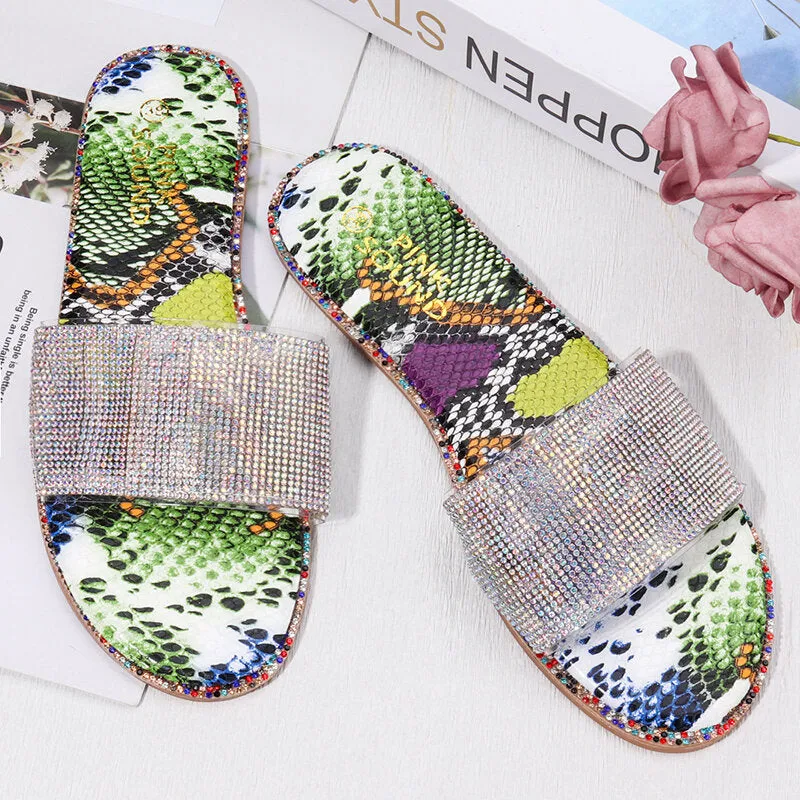 WoMen Rhinestone Bling Slippers Summer Beach Flip Flops Flat Walking Hiking Camping Home Anti-slip Comfortable Slippers Loafers Shoes