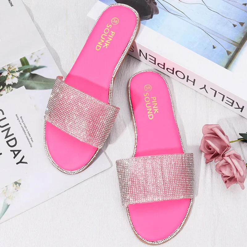 WoMen Rhinestone Bling Slippers Summer Beach Flip Flops Flat Walking Hiking Camping Home Anti-slip Comfortable Slippers Loafers Shoes