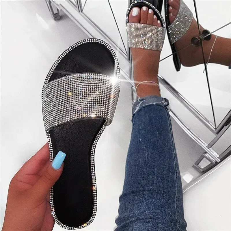 WoMen Rhinestone Bling Slippers Summer Beach Flip Flops Flat Walking Hiking Camping Home Anti-slip Comfortable Slippers Loafers Shoes