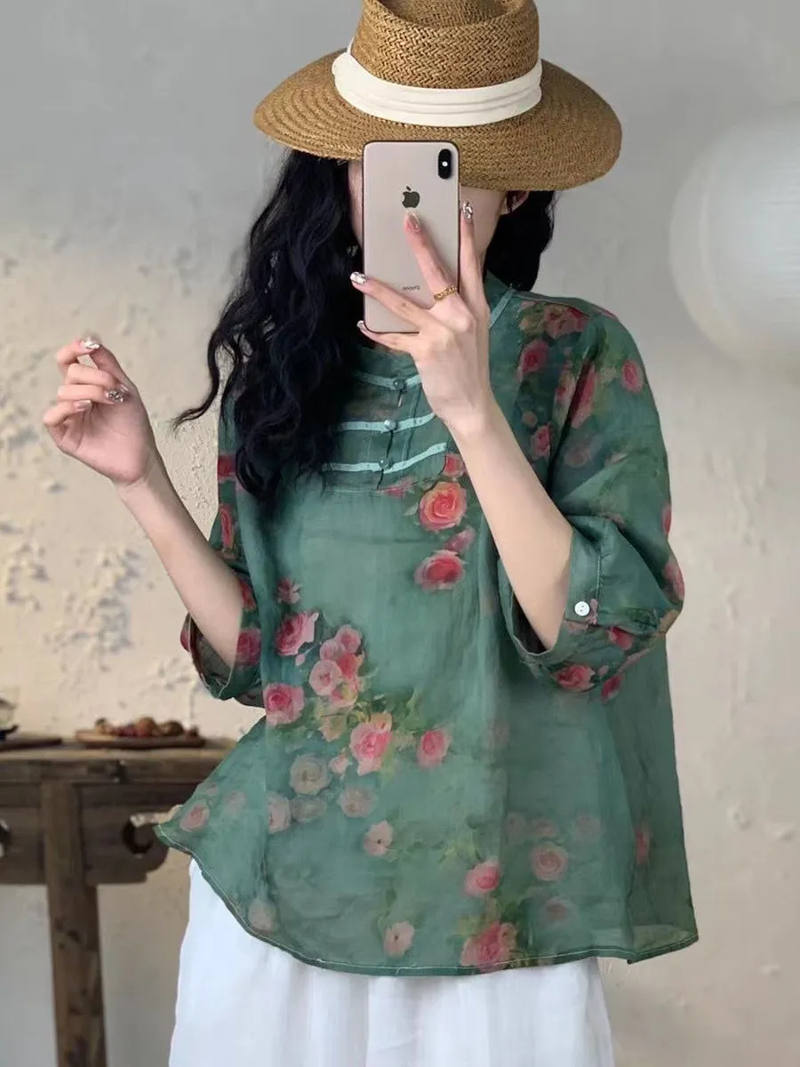 Women Spring Floral Vnitage Ramie Losoe Shirt CO1008