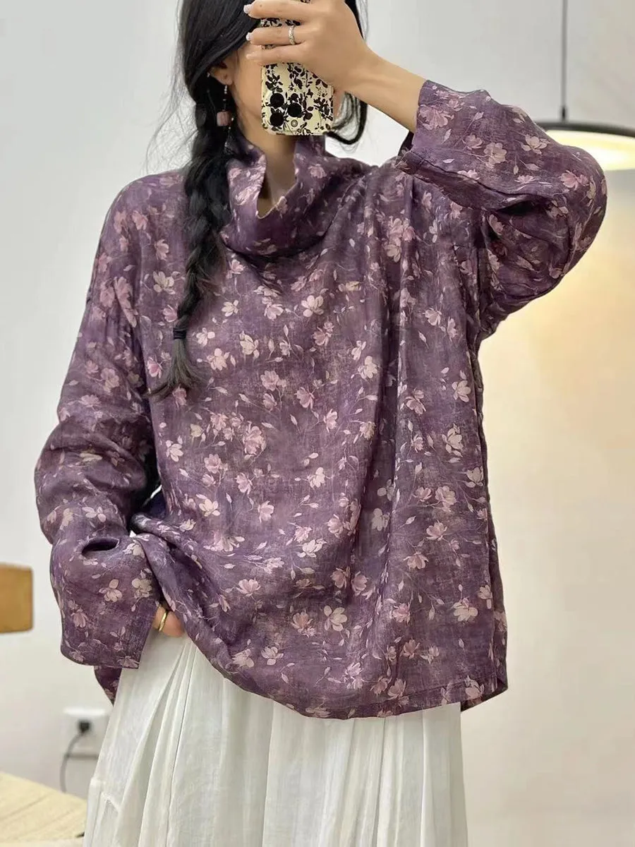 Women Spring Flower Print Ramie Pile Collar Shirt