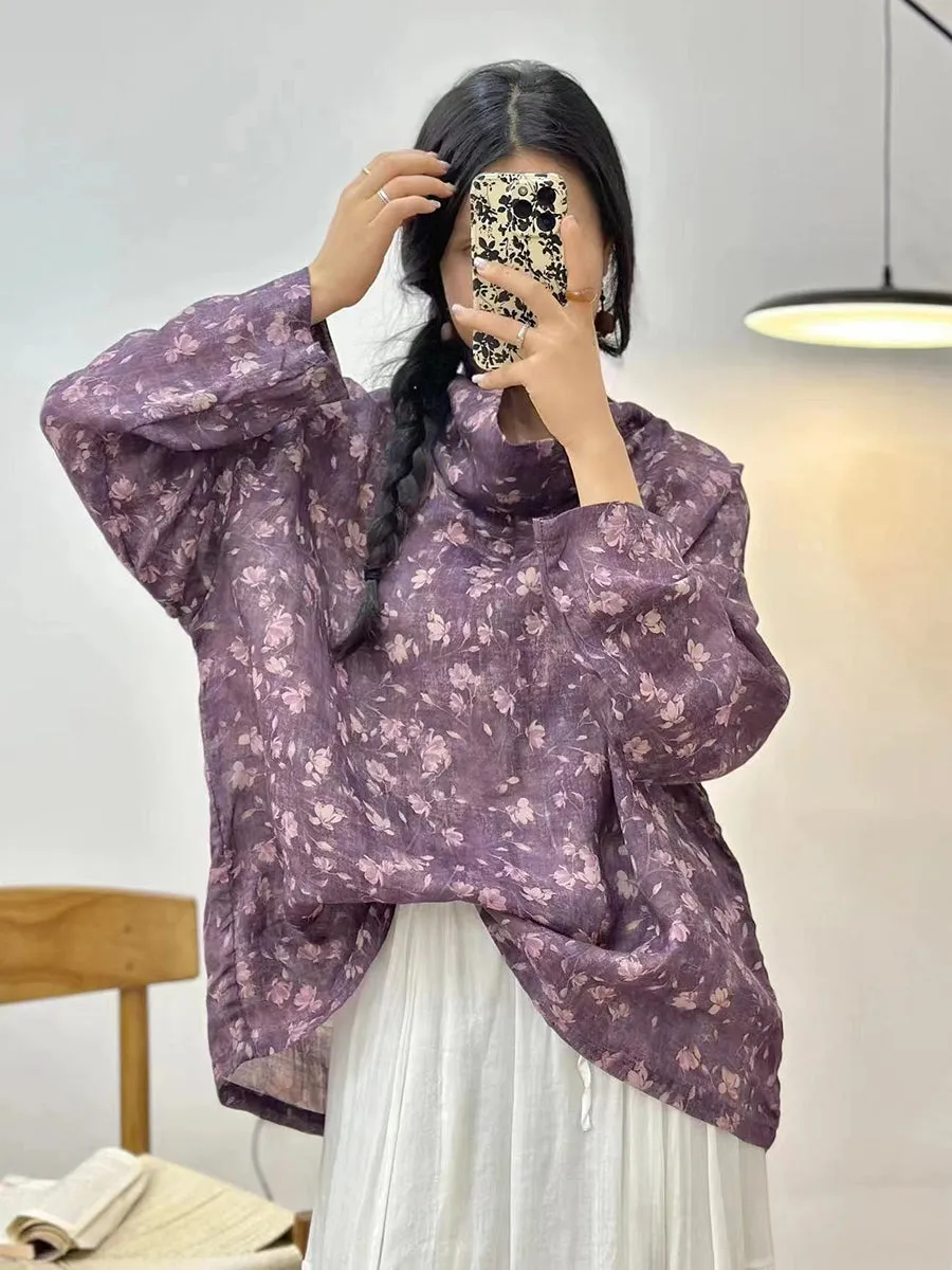 Women Spring Flower Print Ramie Pile Collar Shirt