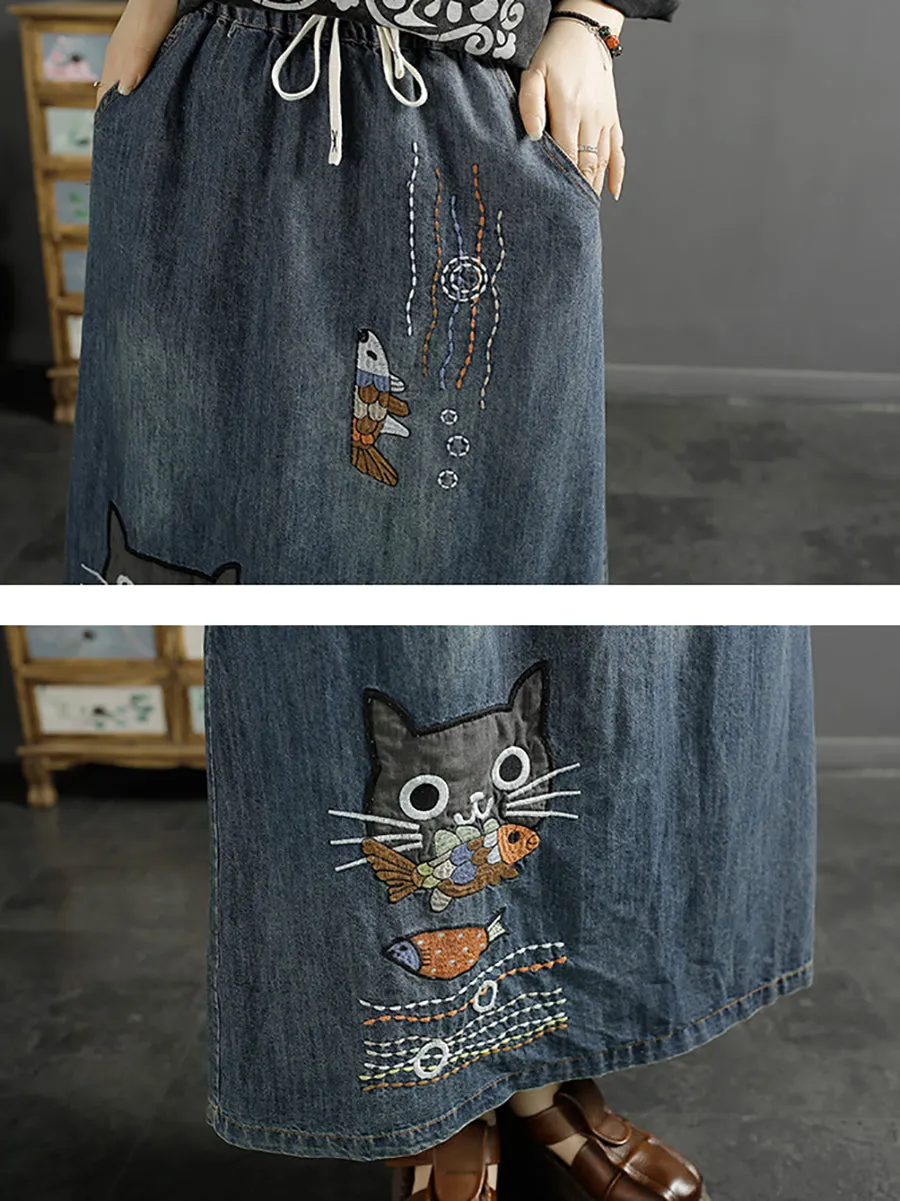 Women Summer Casual Cat Fish Embroidery Denim Skirt KL1008